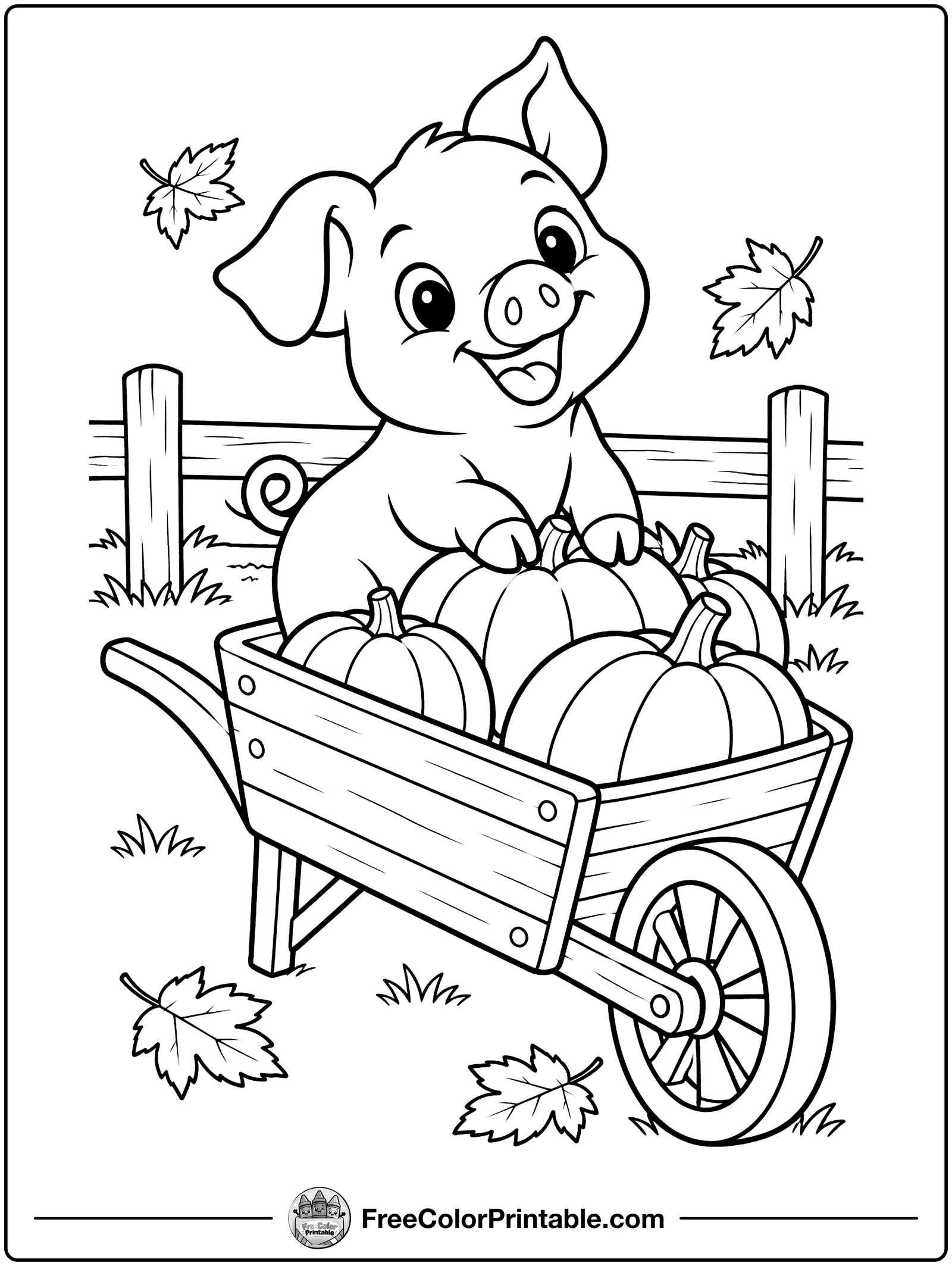Pig in a Wheelbarrow Coloring Page — free color printable
