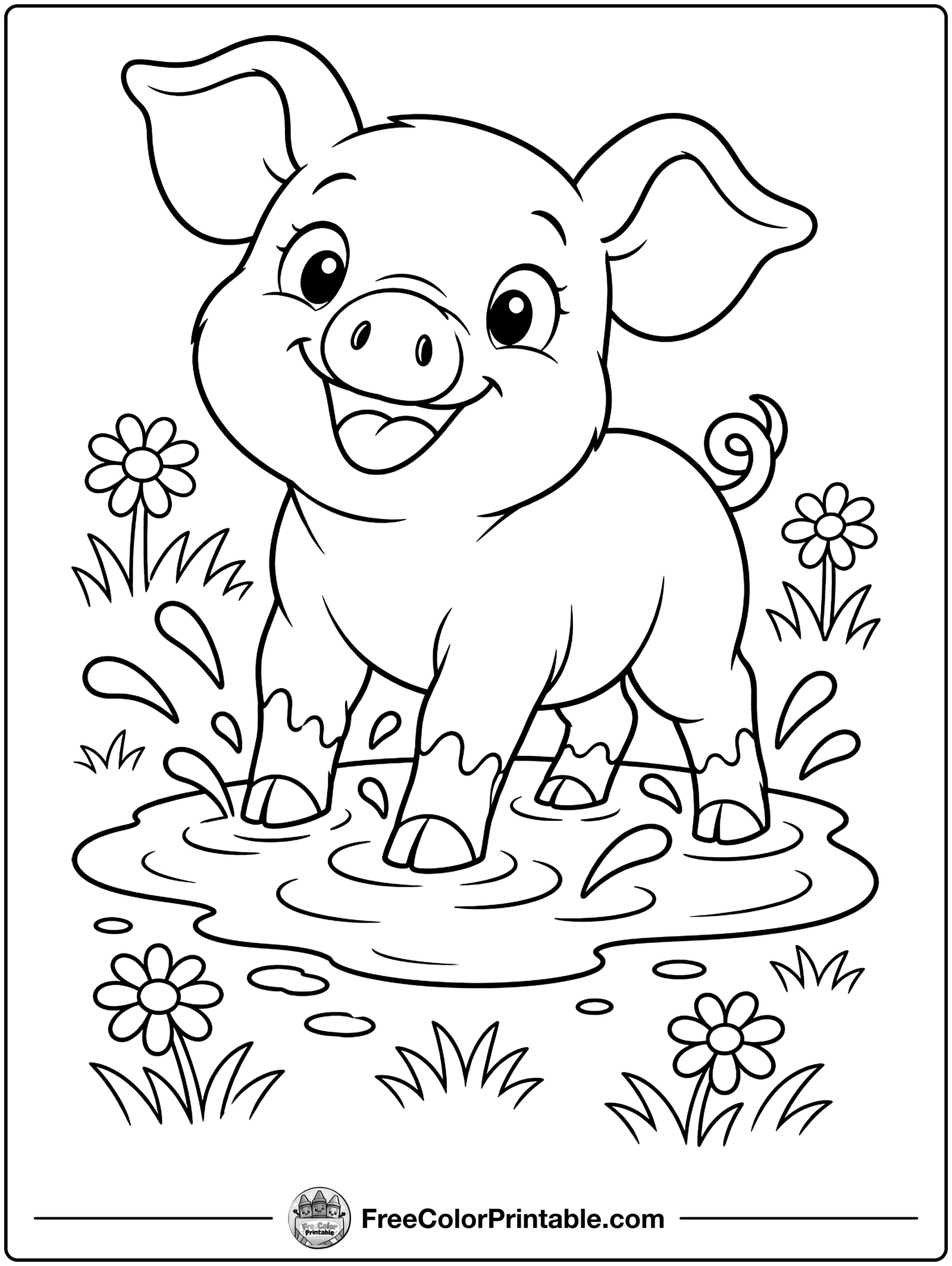 Piglet in a Mud Puddle Coloring Page — free color printable
