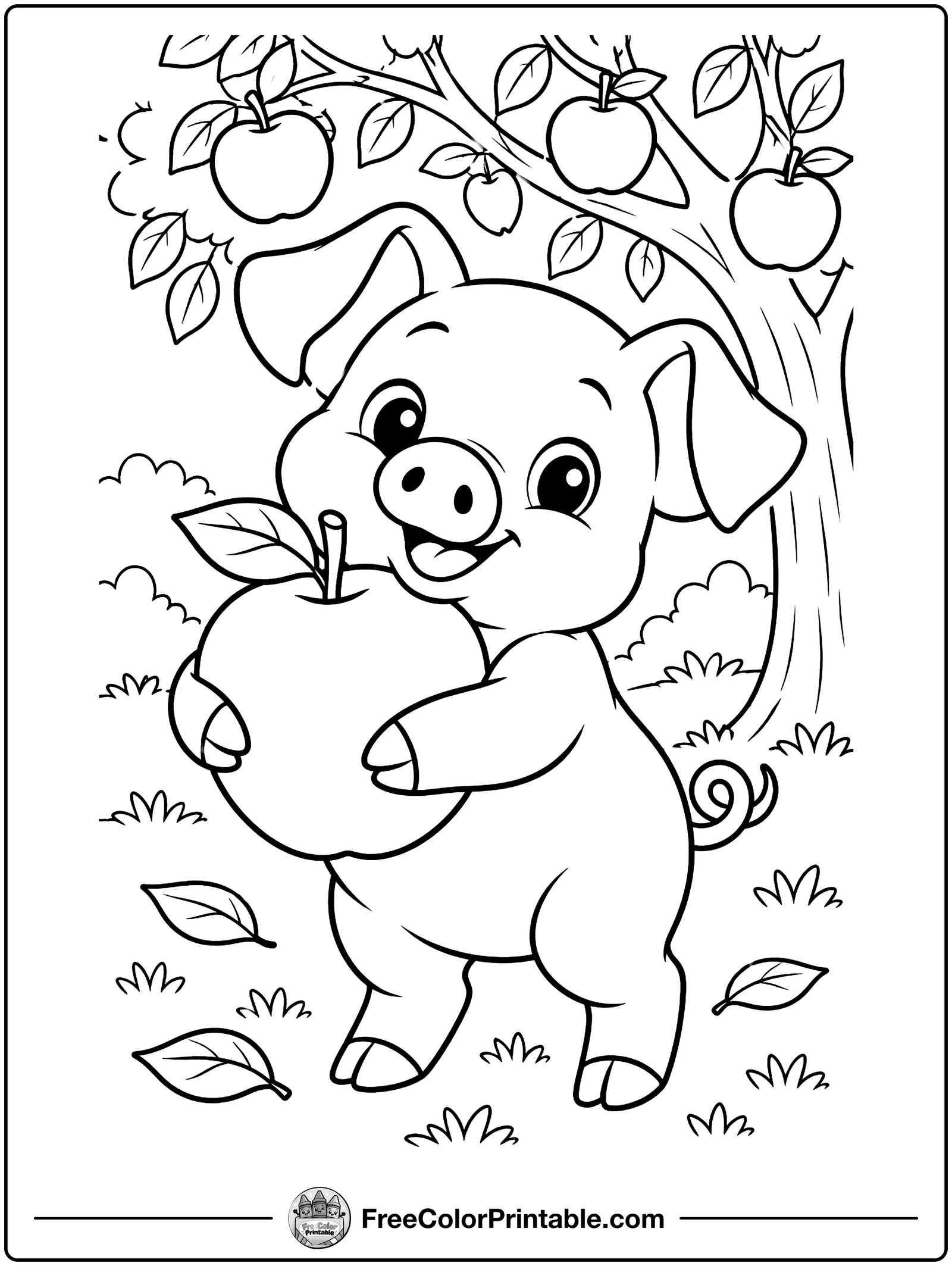Piglet with a Big Apple Coloring Page — free color printable