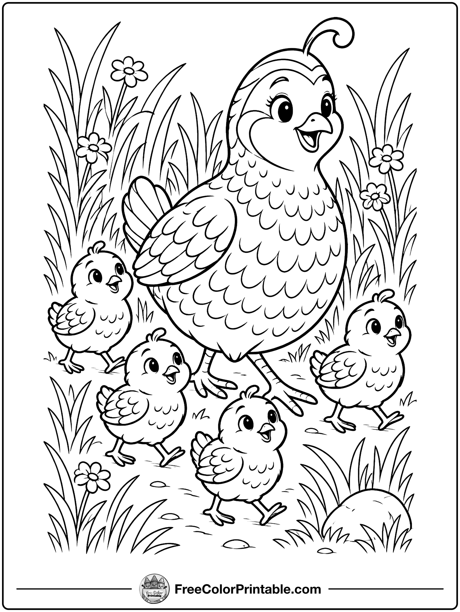 Mother Quail and Her Chicks Coloring Page — free color printable