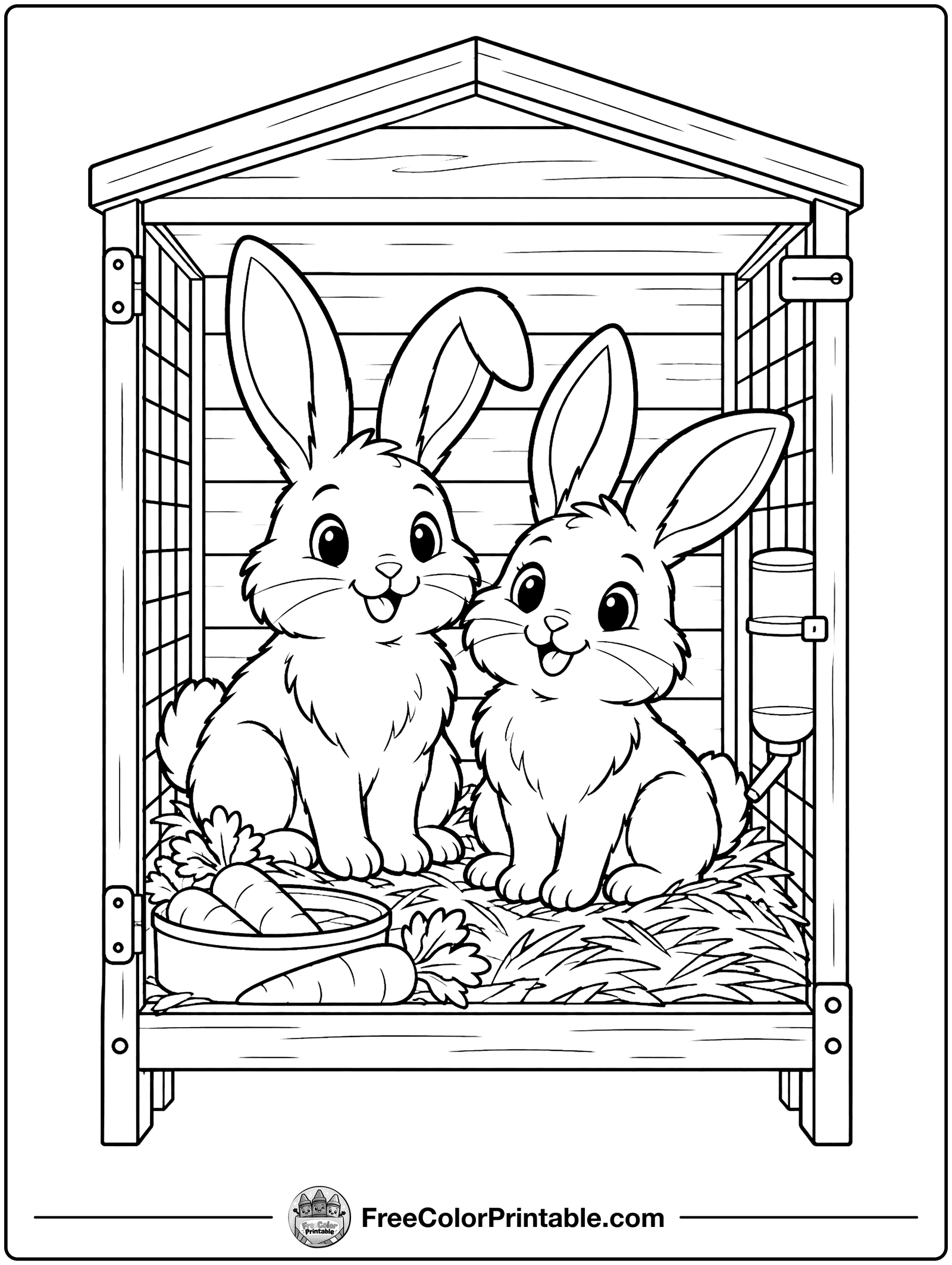 Rabbits in a Farm Hutch Coloring Page — free color printable