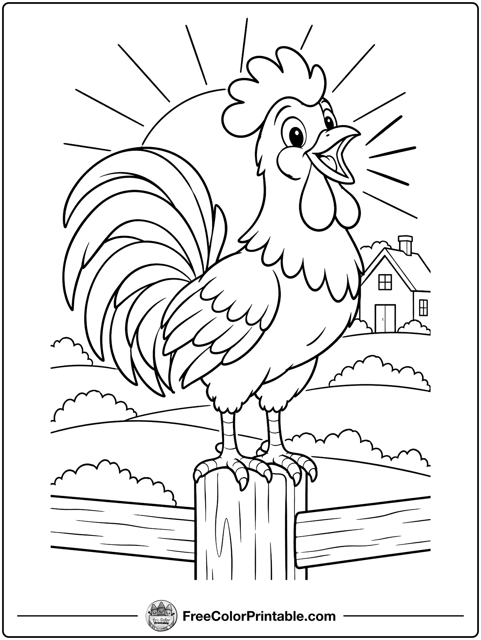 Rooster Crowing at Sunrise Coloring Page — free color printable