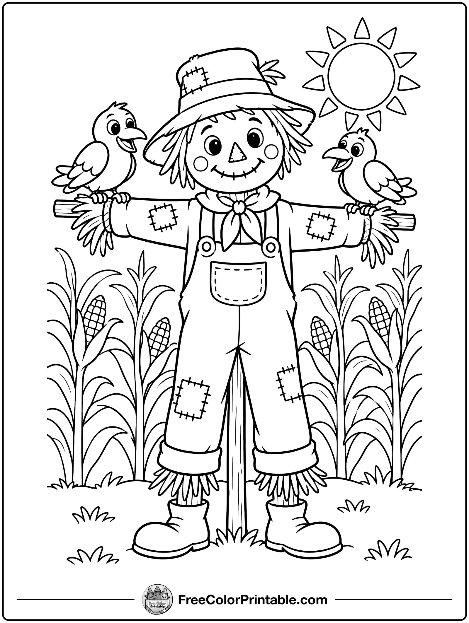 Scarecrow and Friendly Crows Coloring Page — free color printable from FreeColorPrintable