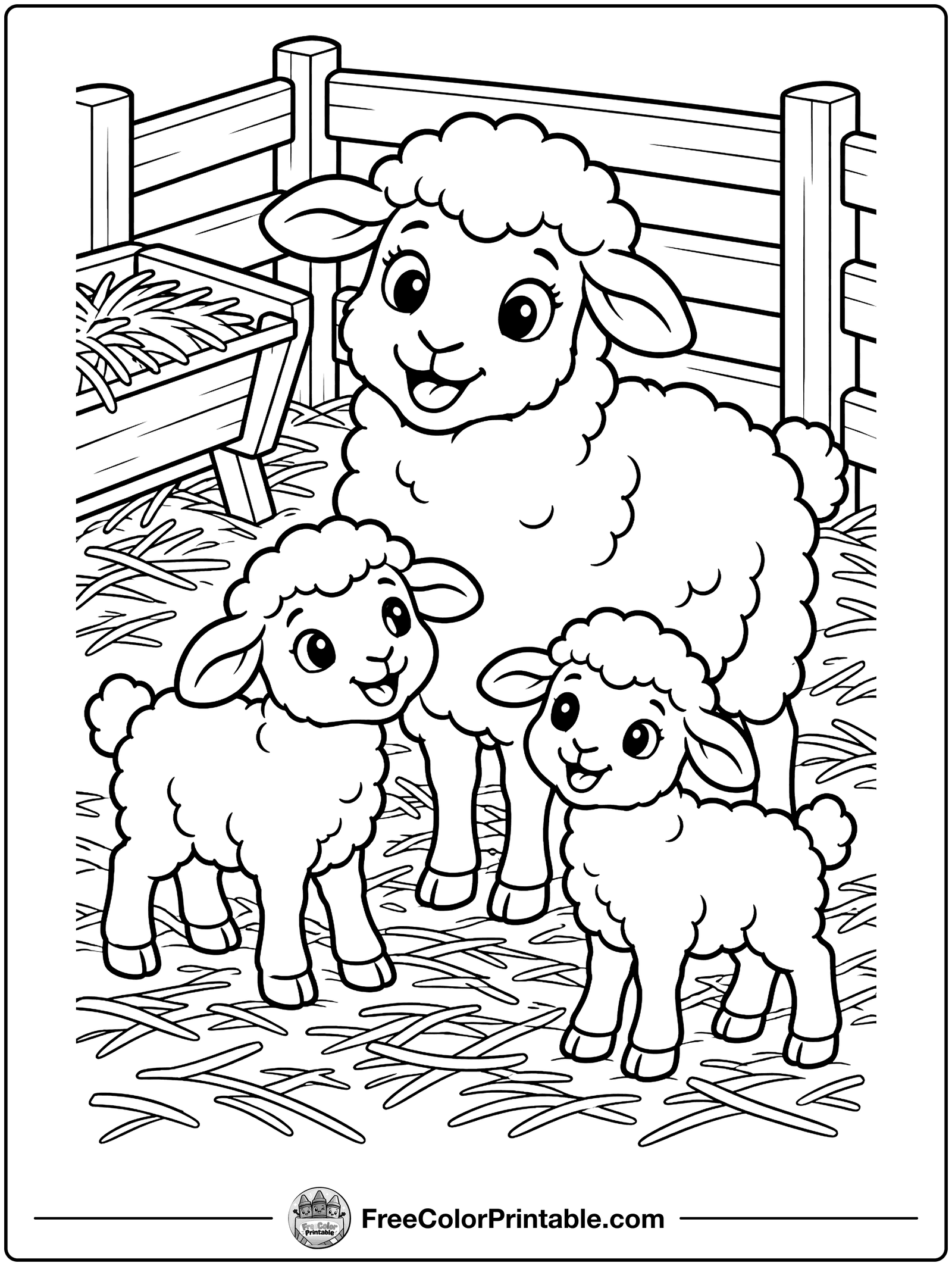 Sheep and Lambs in a Pen Coloring Page — free color printable