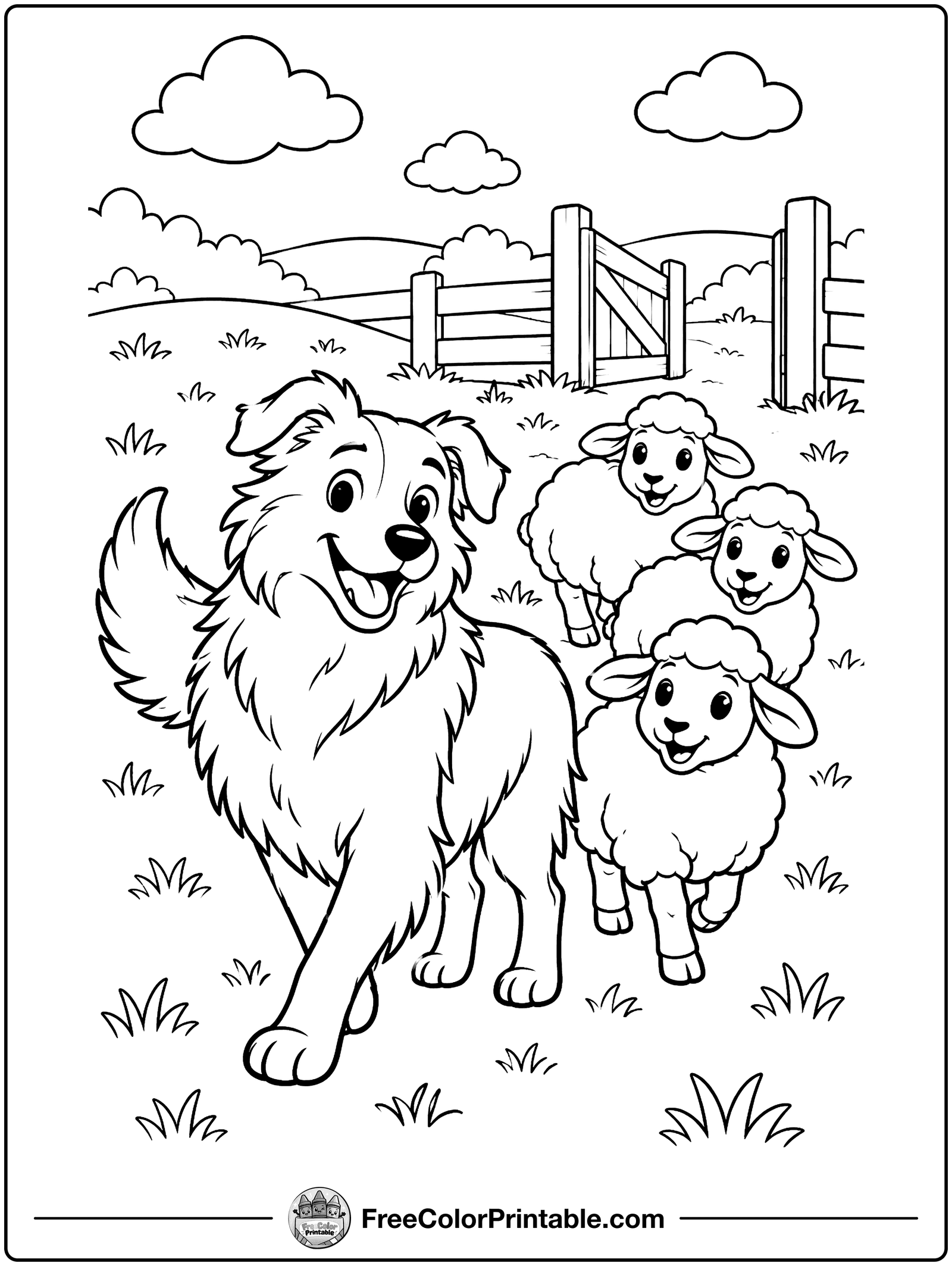 Sheepdog Herding Three Sheep Coloring Page — free color printable