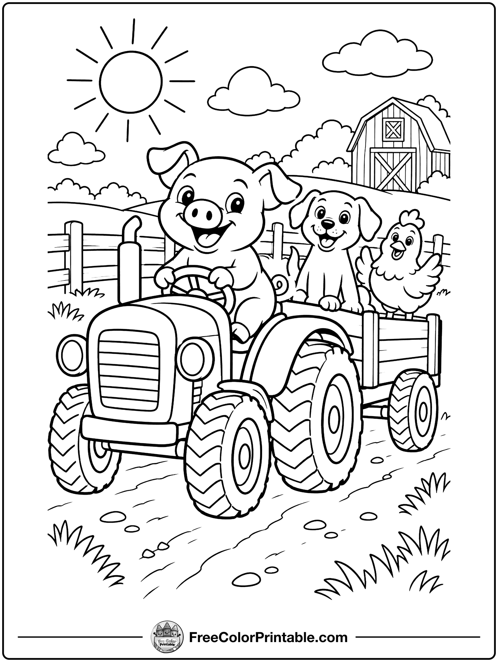Tractor Ride with Farm Friends Coloring Page — free color printable