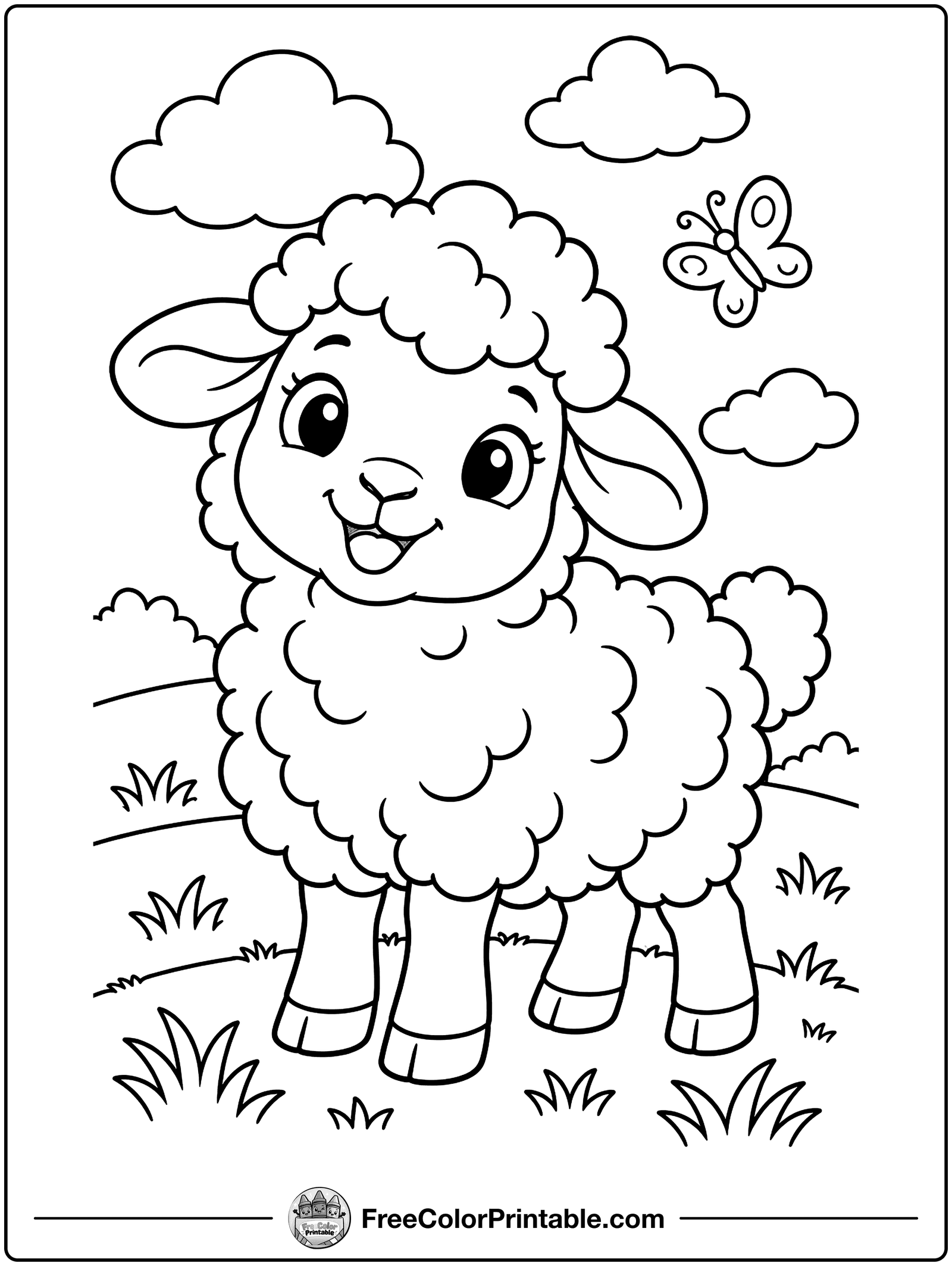 Woolly Sheep on a Hill Coloring Page — free color printable