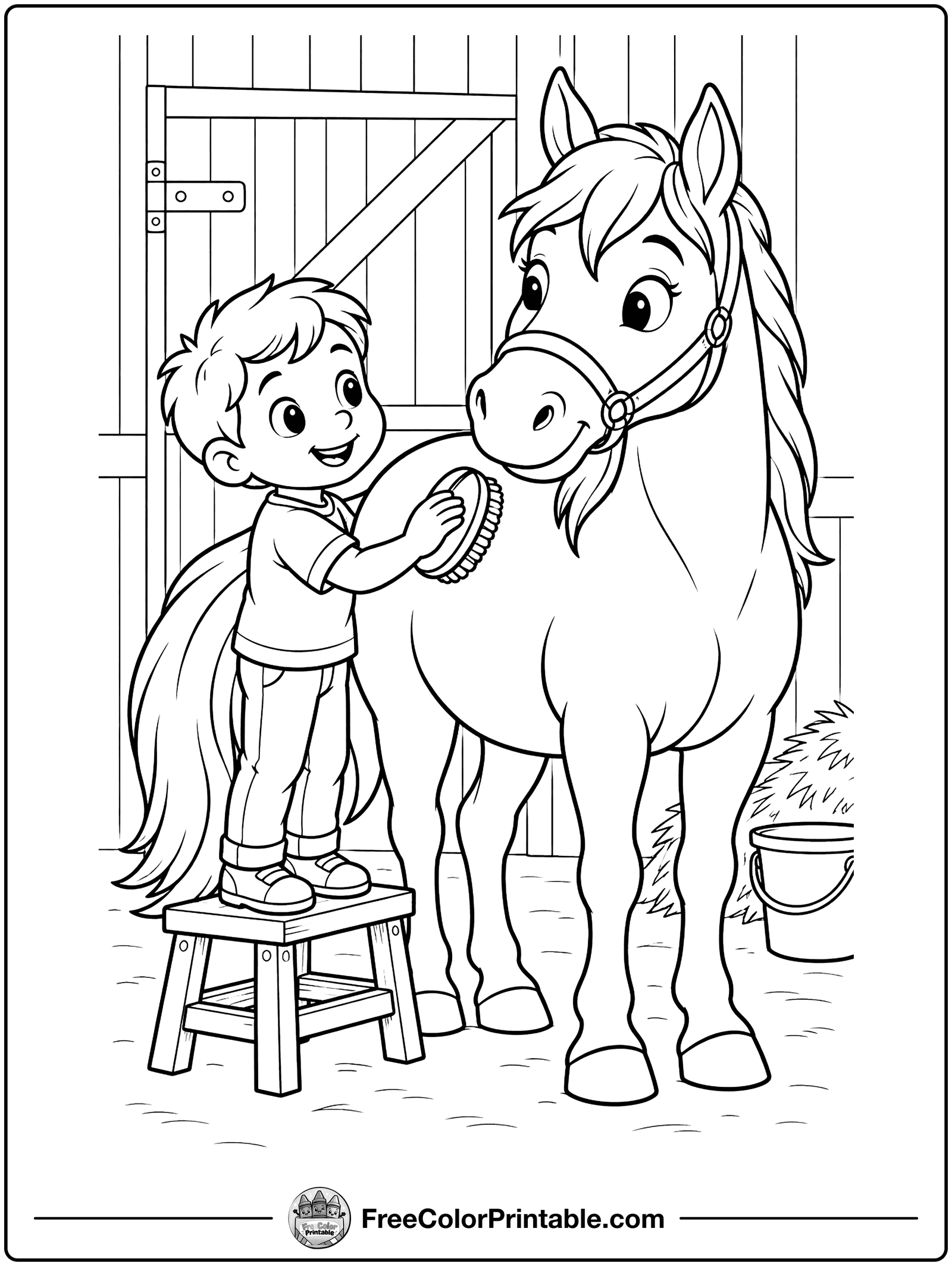 Boy Brushing His Horse Coloring Page — free color printable