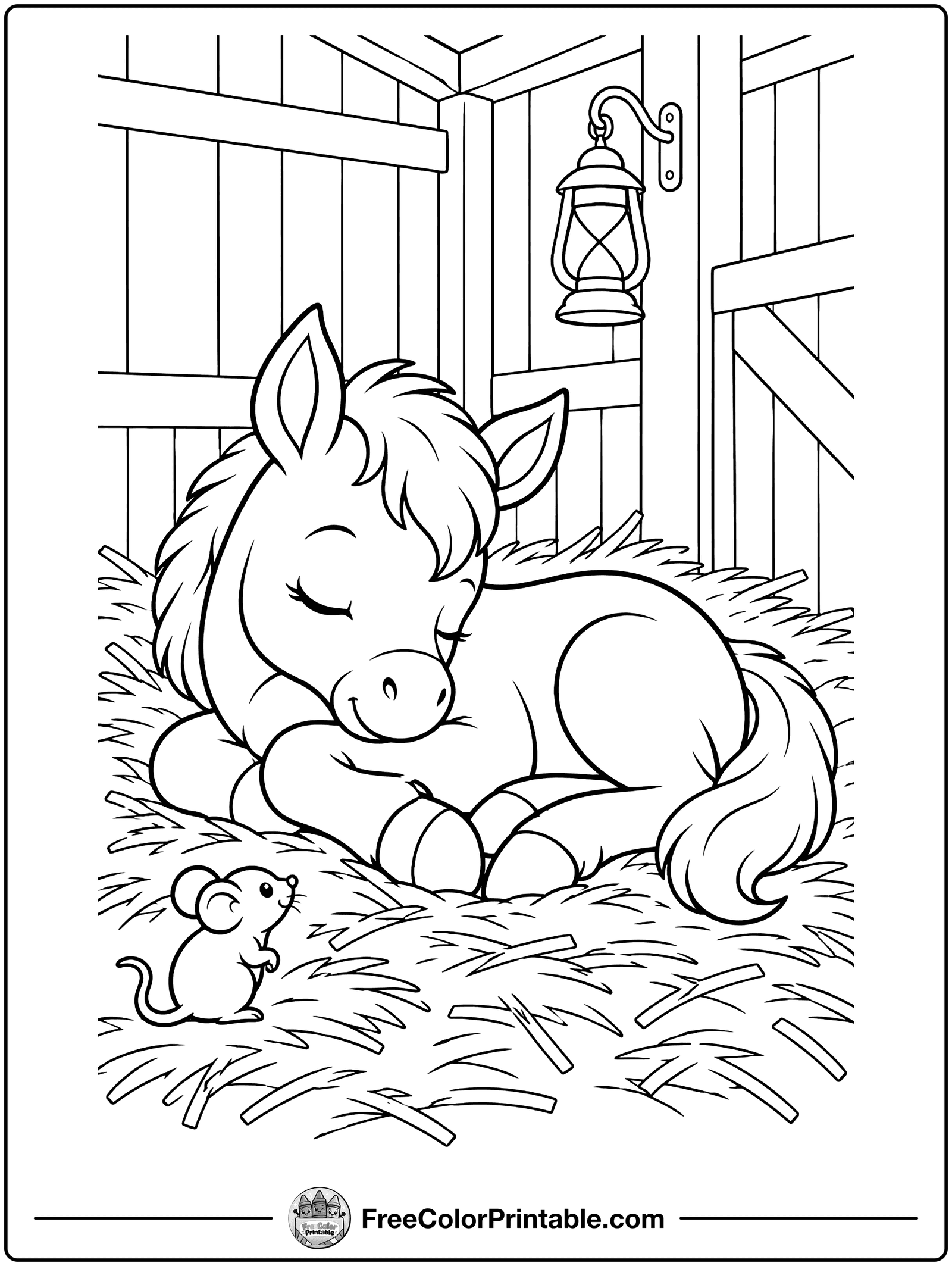 Foal Napping in the Straw Coloring Page — free color printable