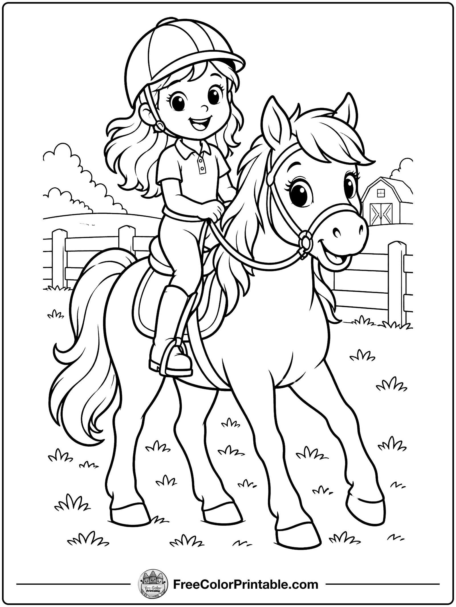 Girl Riding a Pony Coloring Page — free color printable