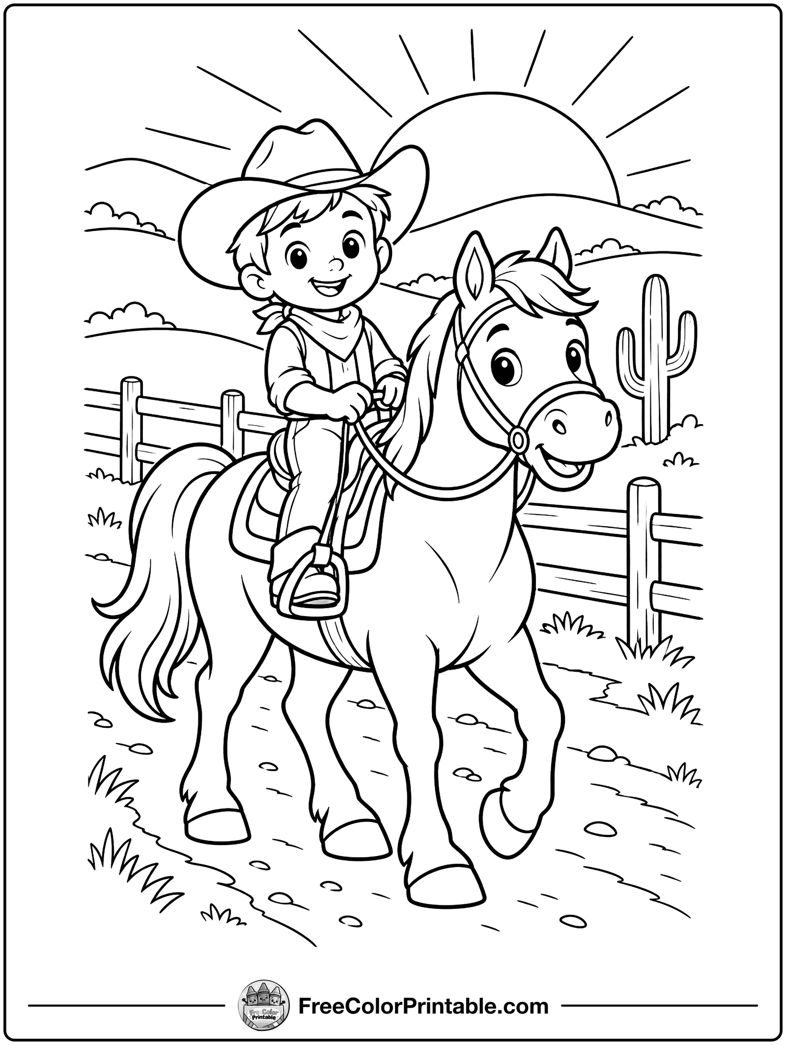 Horse and Rider at Sunset Coloring Page — free color printable