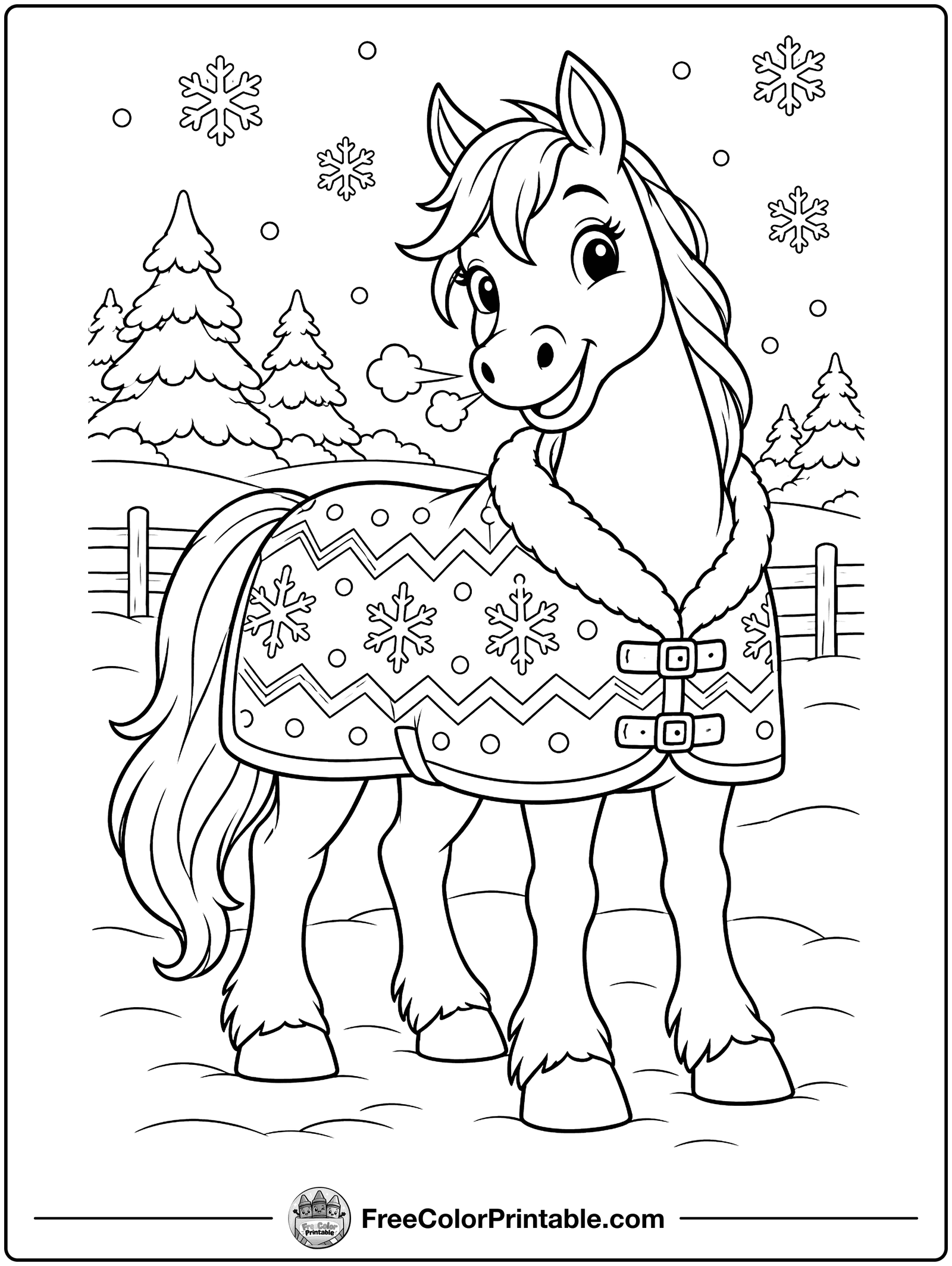 Horse in a Winter Blanket Coloring Page — free color printable