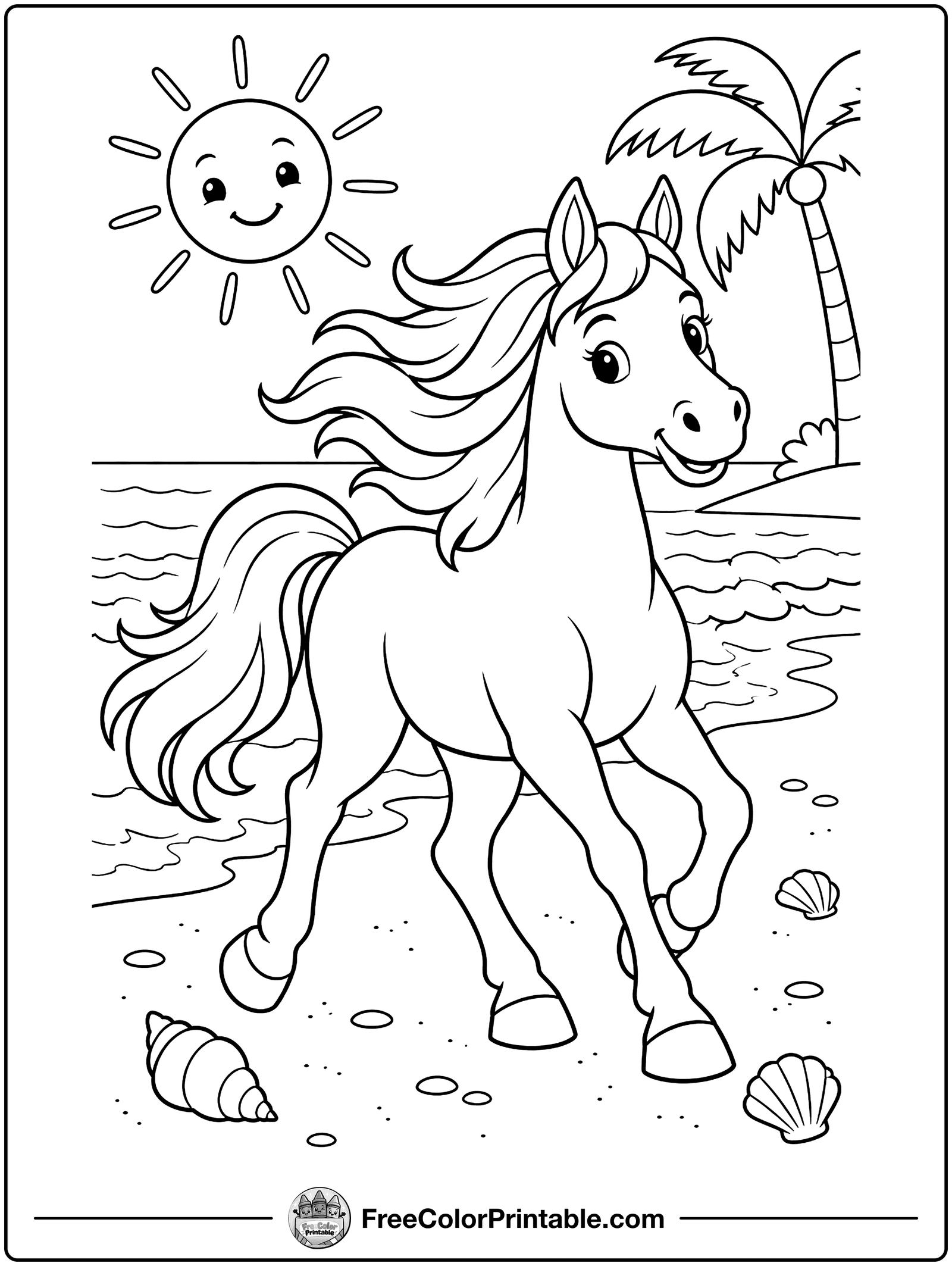Horse Trotting on the Beach Coloring Page — free color printable