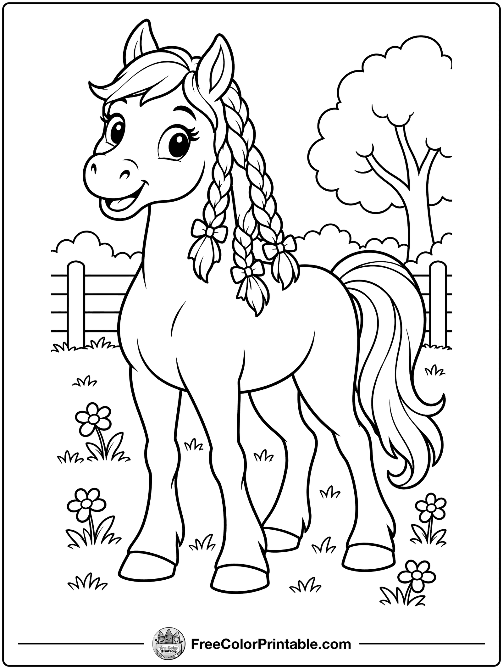 Horse with a Braided Mane Coloring Page — free color printable