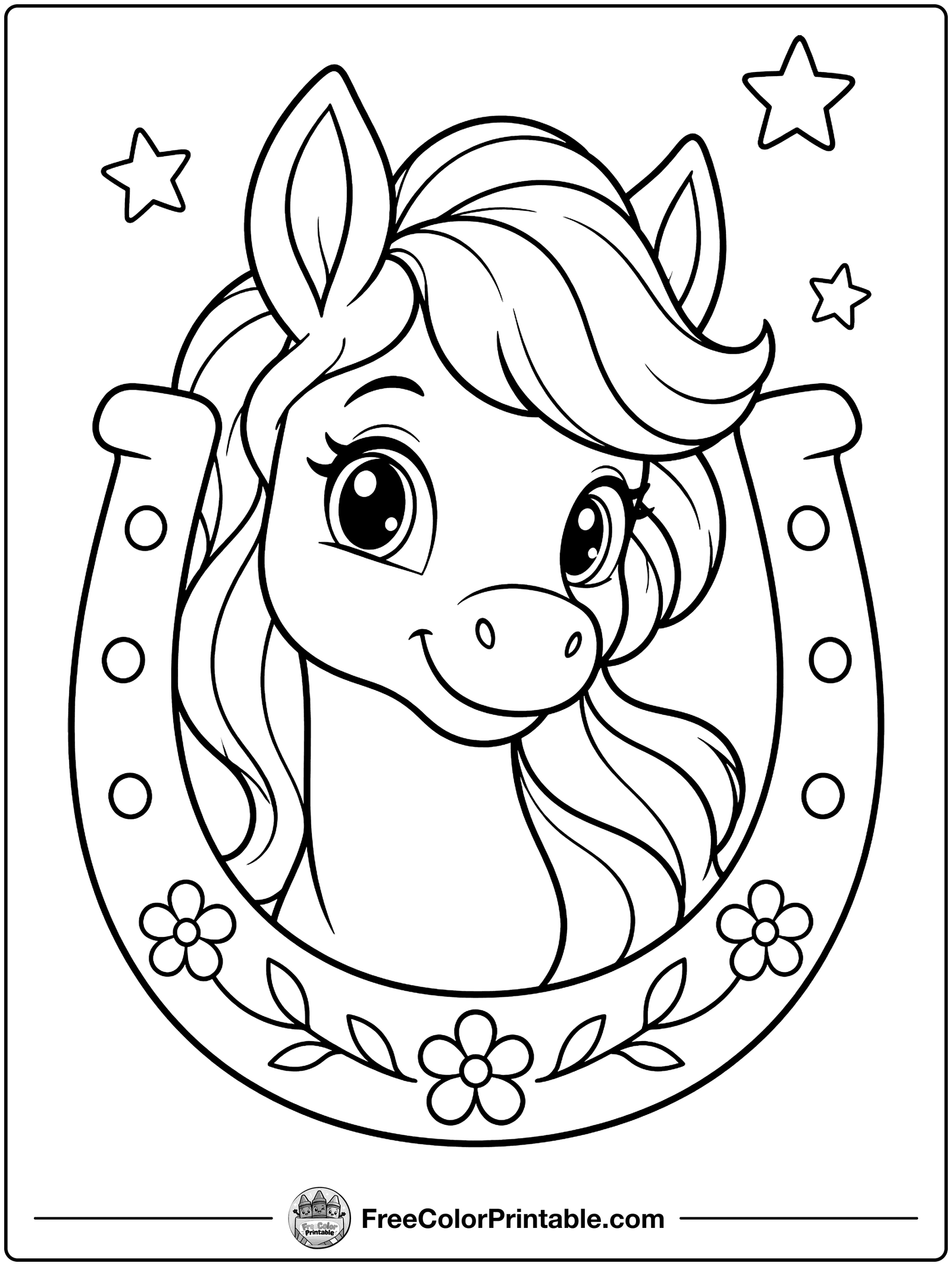 Pony Portrait with a Horseshoe Coloring Page — free color printable