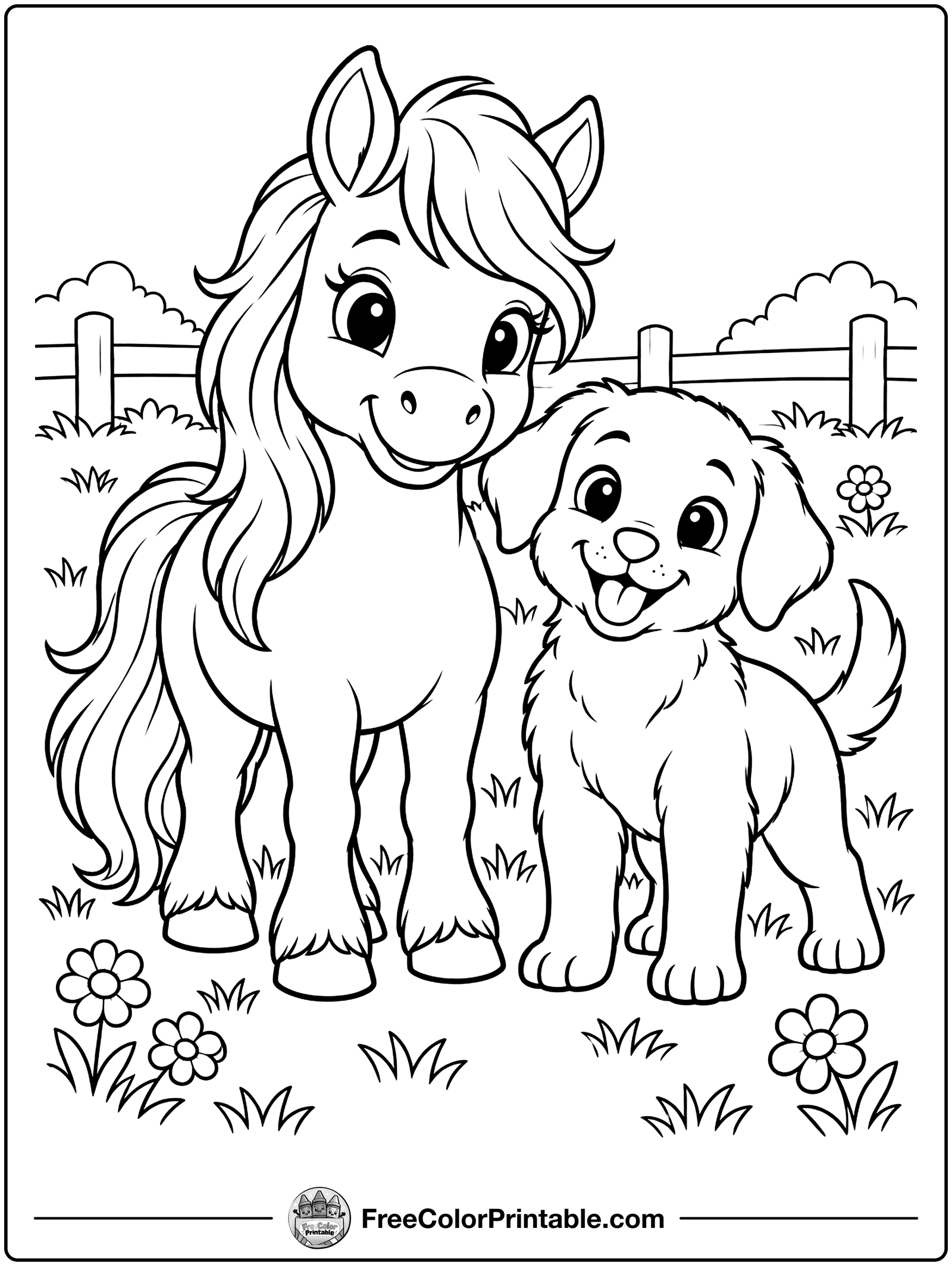 Miniature Horse and Puppy Coloring Page — free color printable