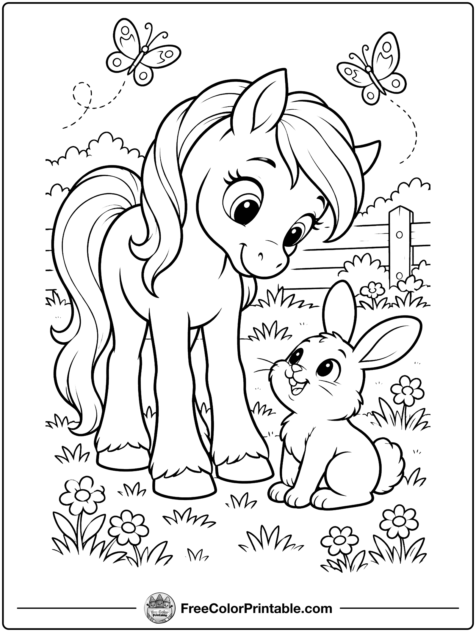 Pony and Bunny Friends Coloring Page — free color printable