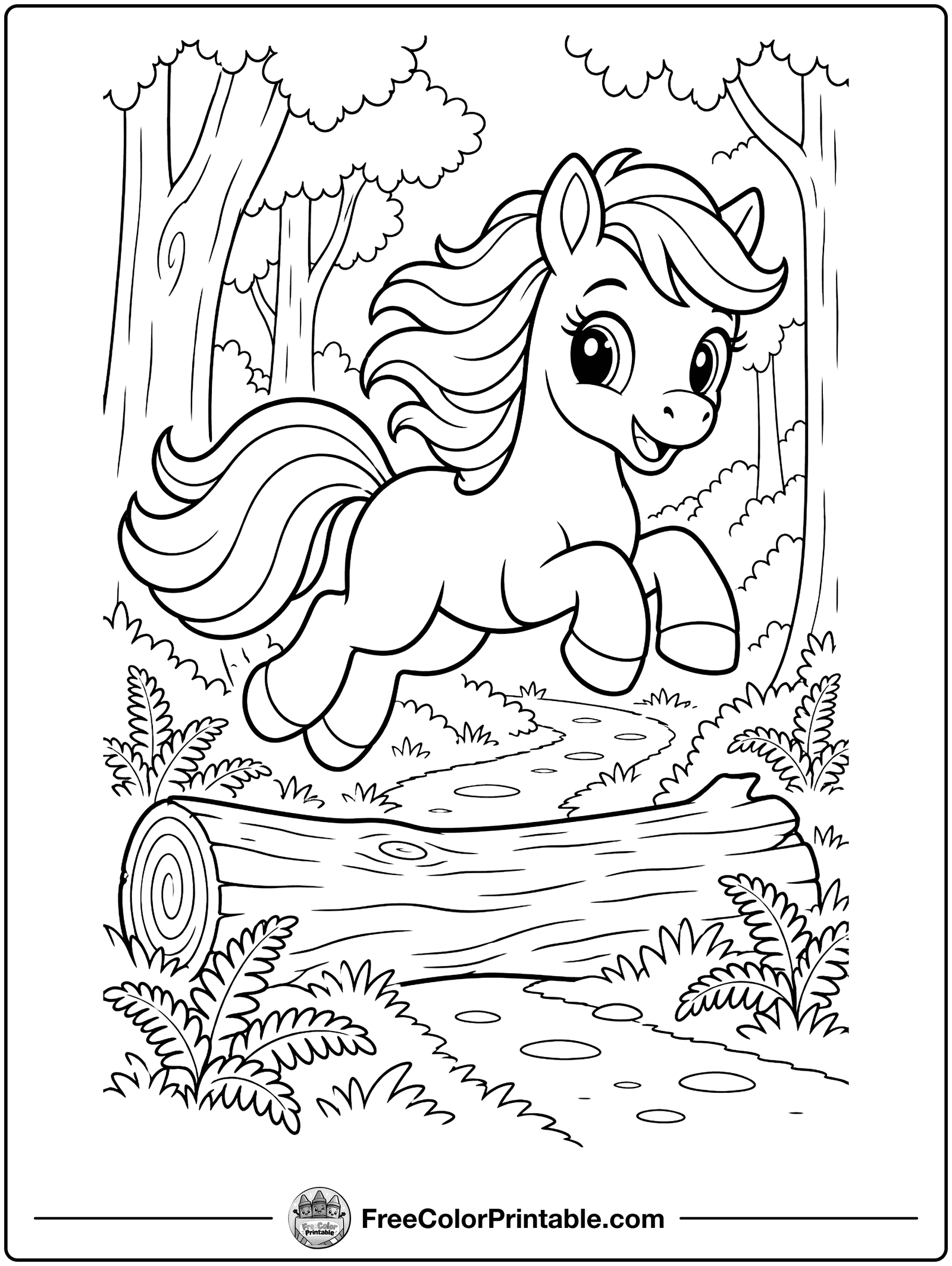 Pony Jumping Over a Log Coloring Page — free color printable
