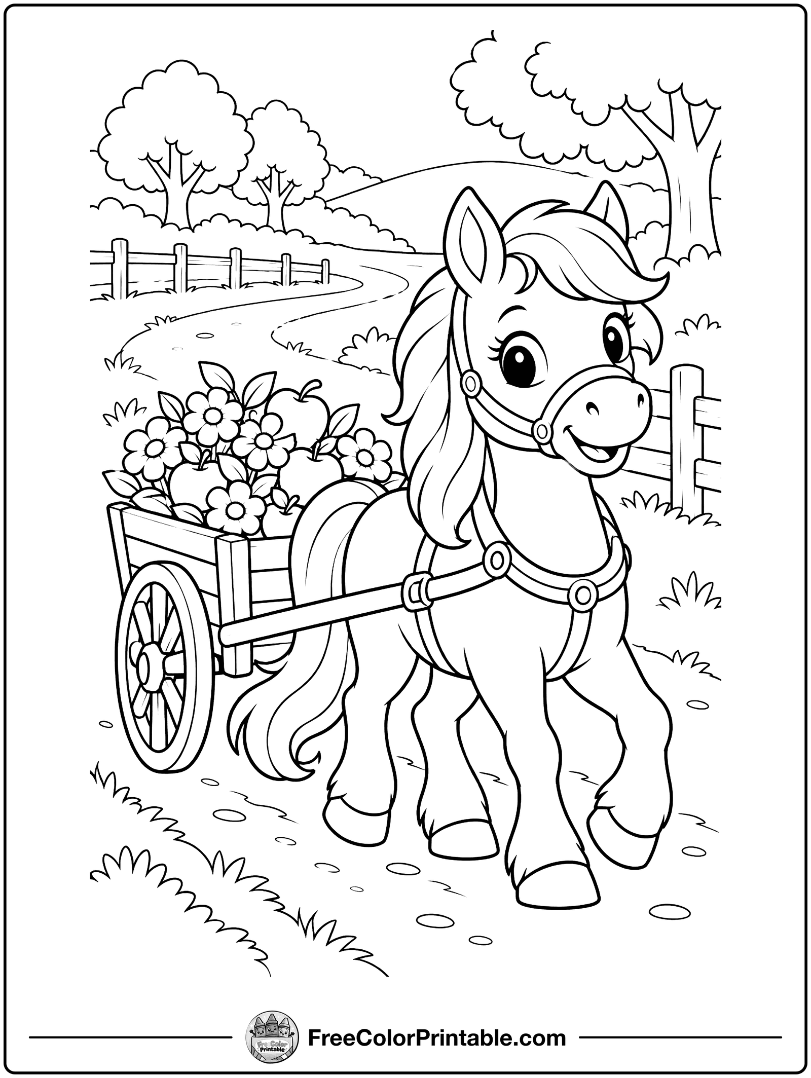 Pony Pulling a Little Cart Coloring Page — free color printable