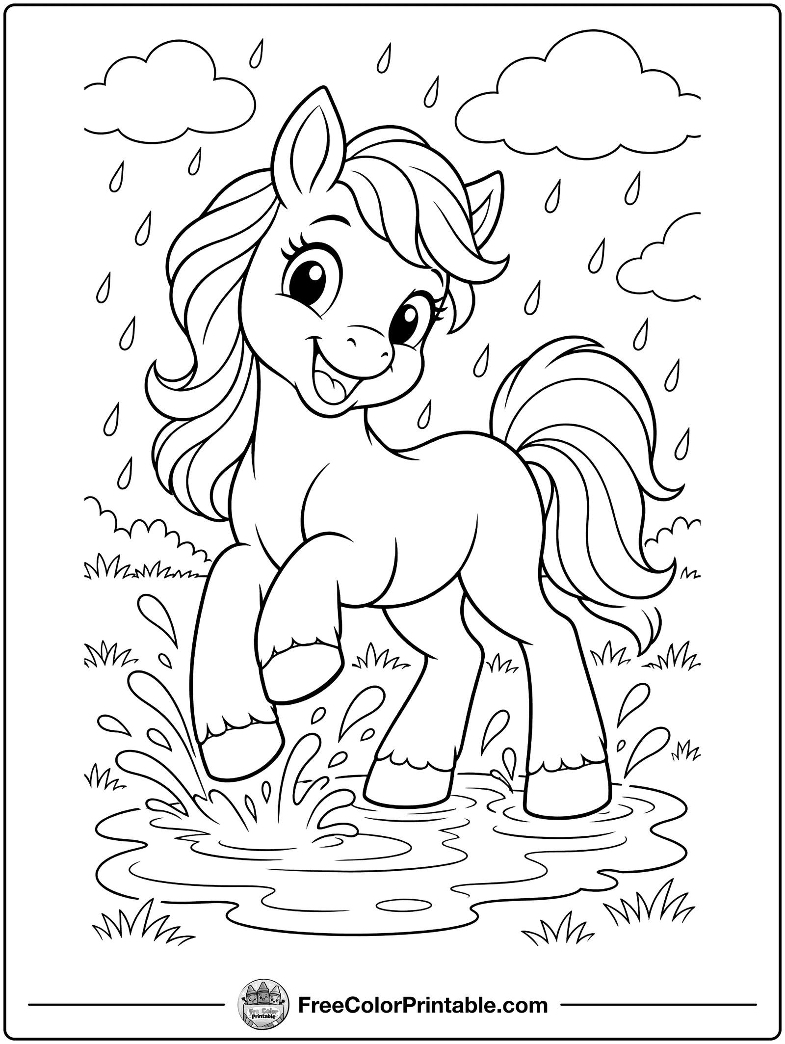 Pony Splashing in a Puddle Coloring Page — free color printable