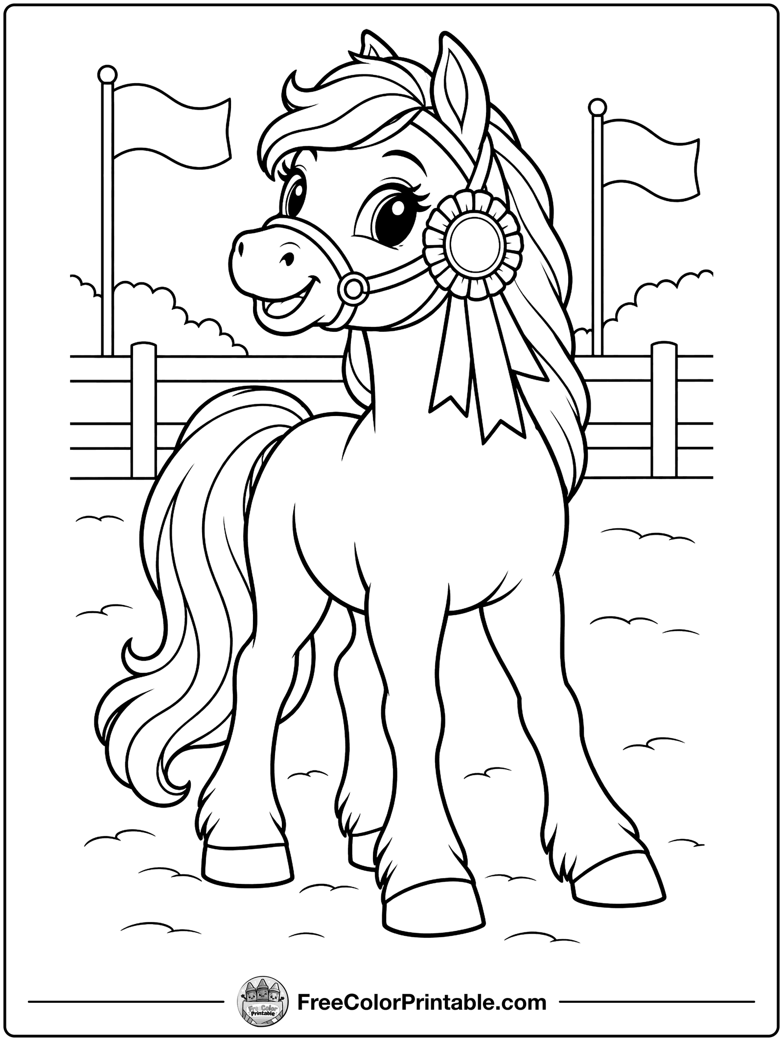 Pony with a Show Ribbon Coloring Page — free color printable