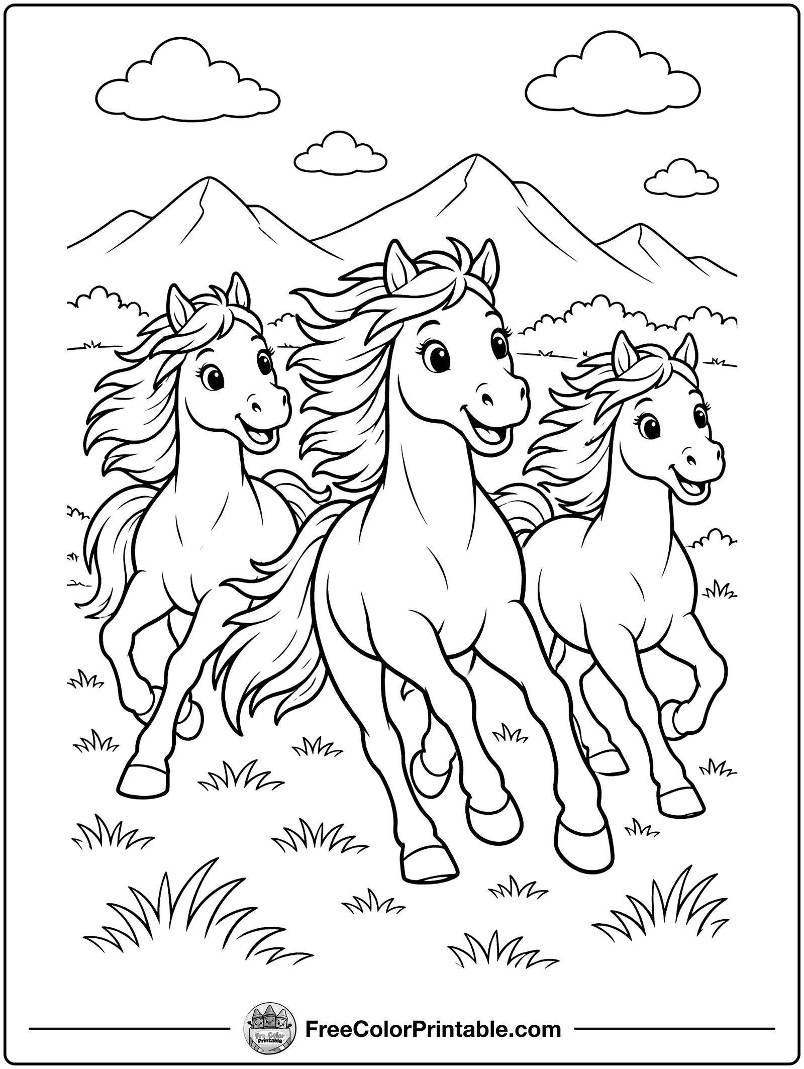 Wild Horses Running by the Mountains Coloring Page — free color printable