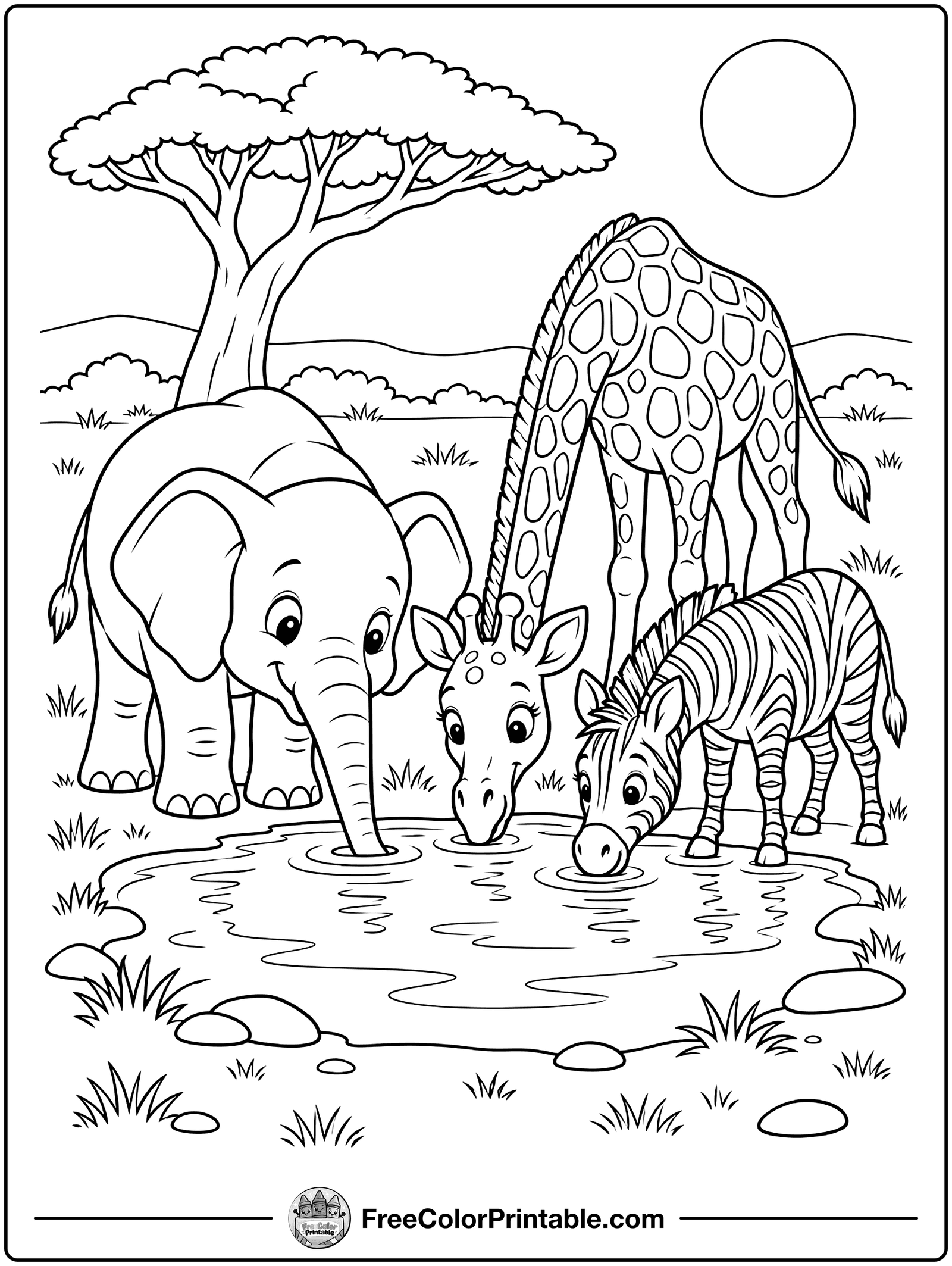 Animals at the Waterhole Coloring Page — free color printable