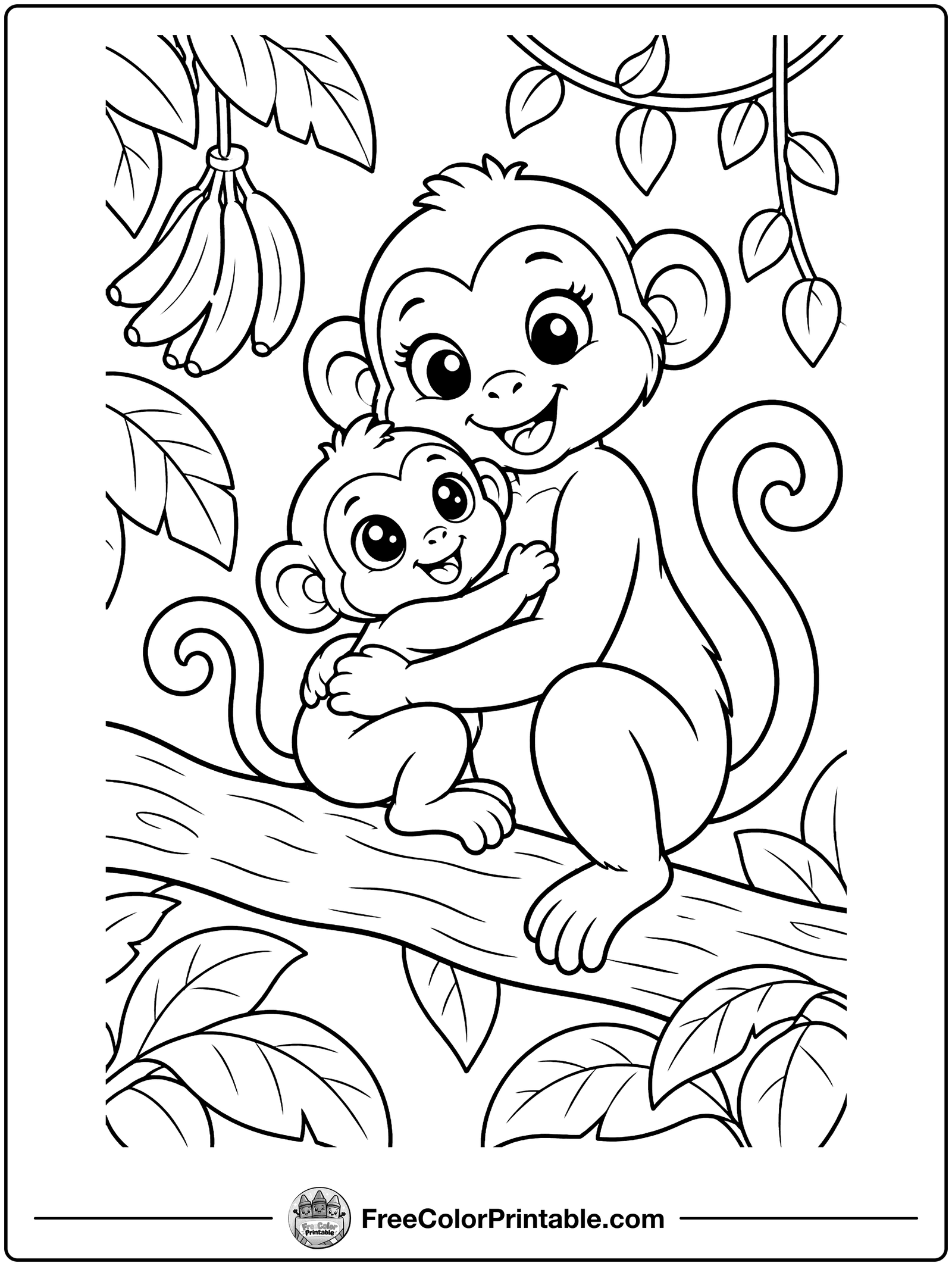 Baby Monkey Hugging Mom Coloring Page — free color printable