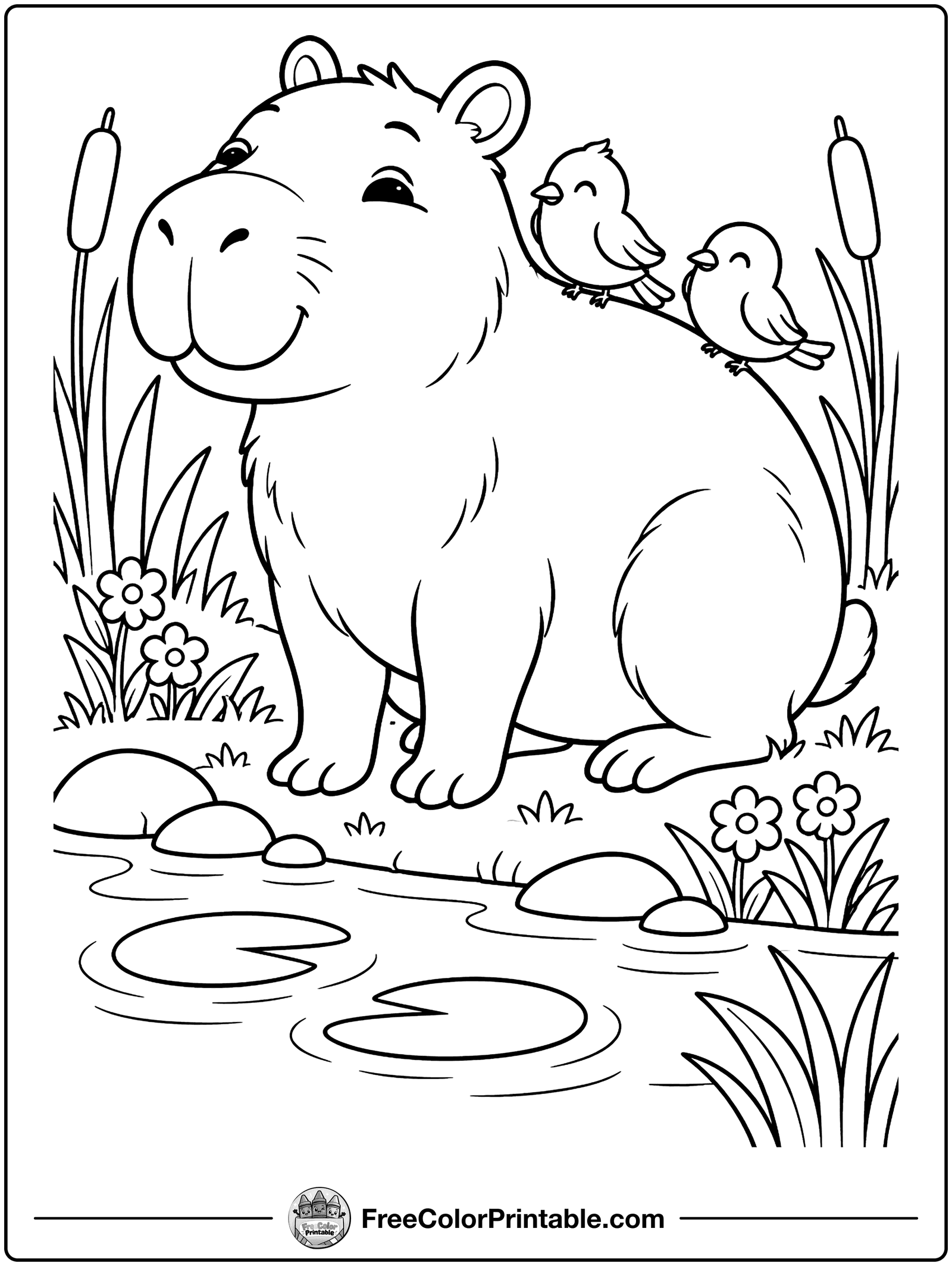 Capybara with Two Little Birds Coloring Page — free color printable
