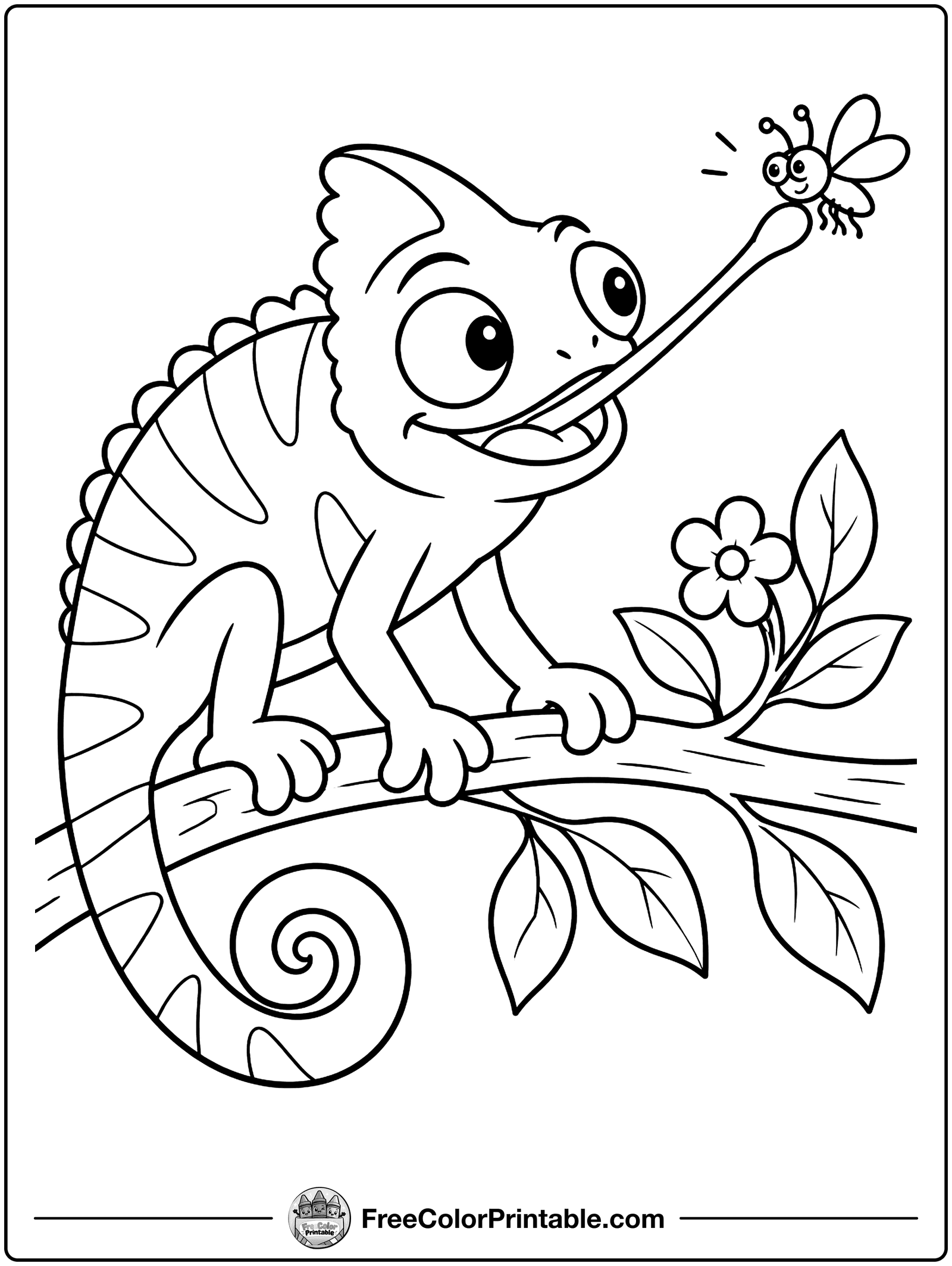 Chameleon Catching a Bug Coloring Page — free color printable