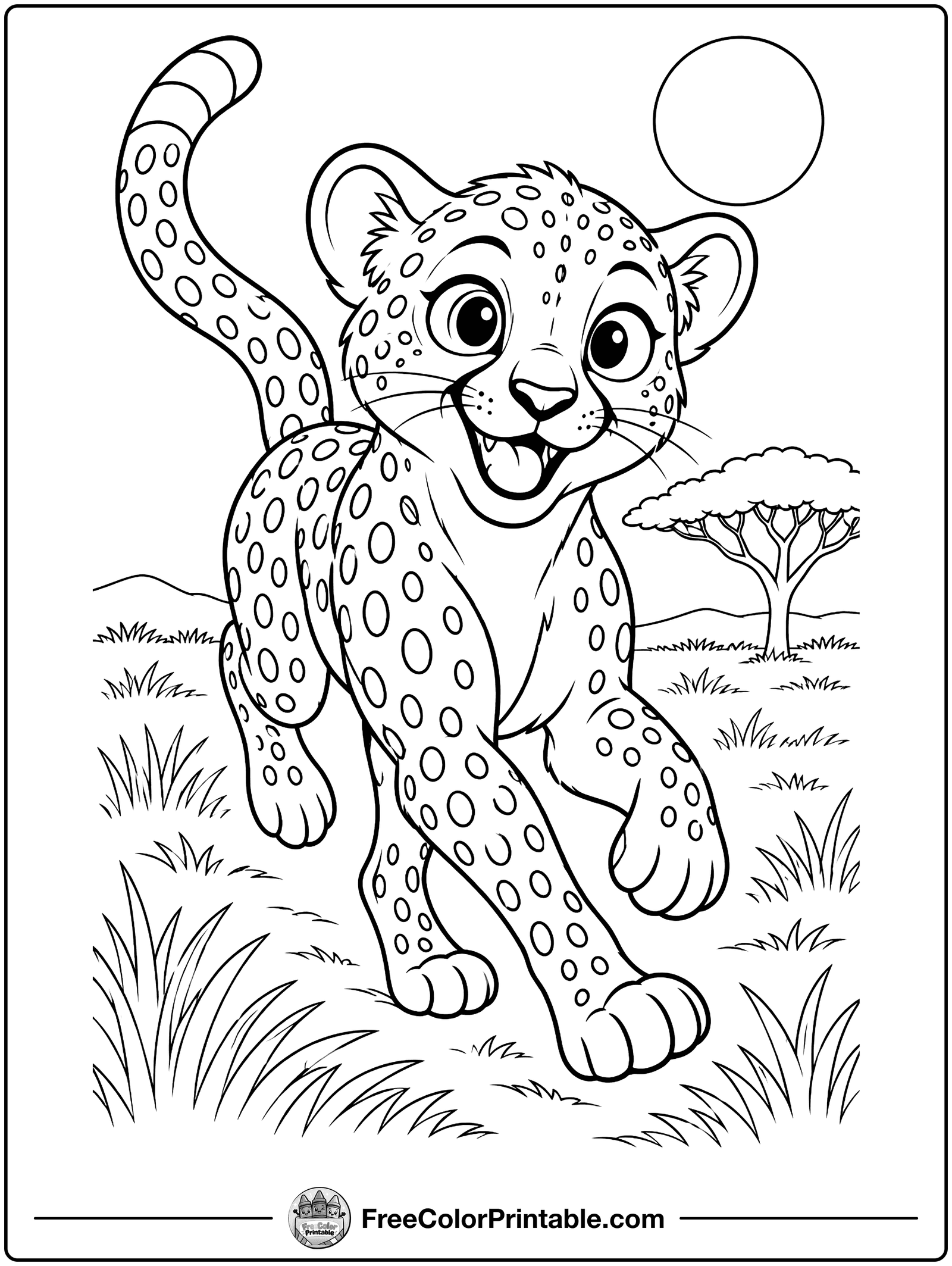 Cheetah Running on the Savanna Coloring Page — free color printable from FreeColorPrintable
