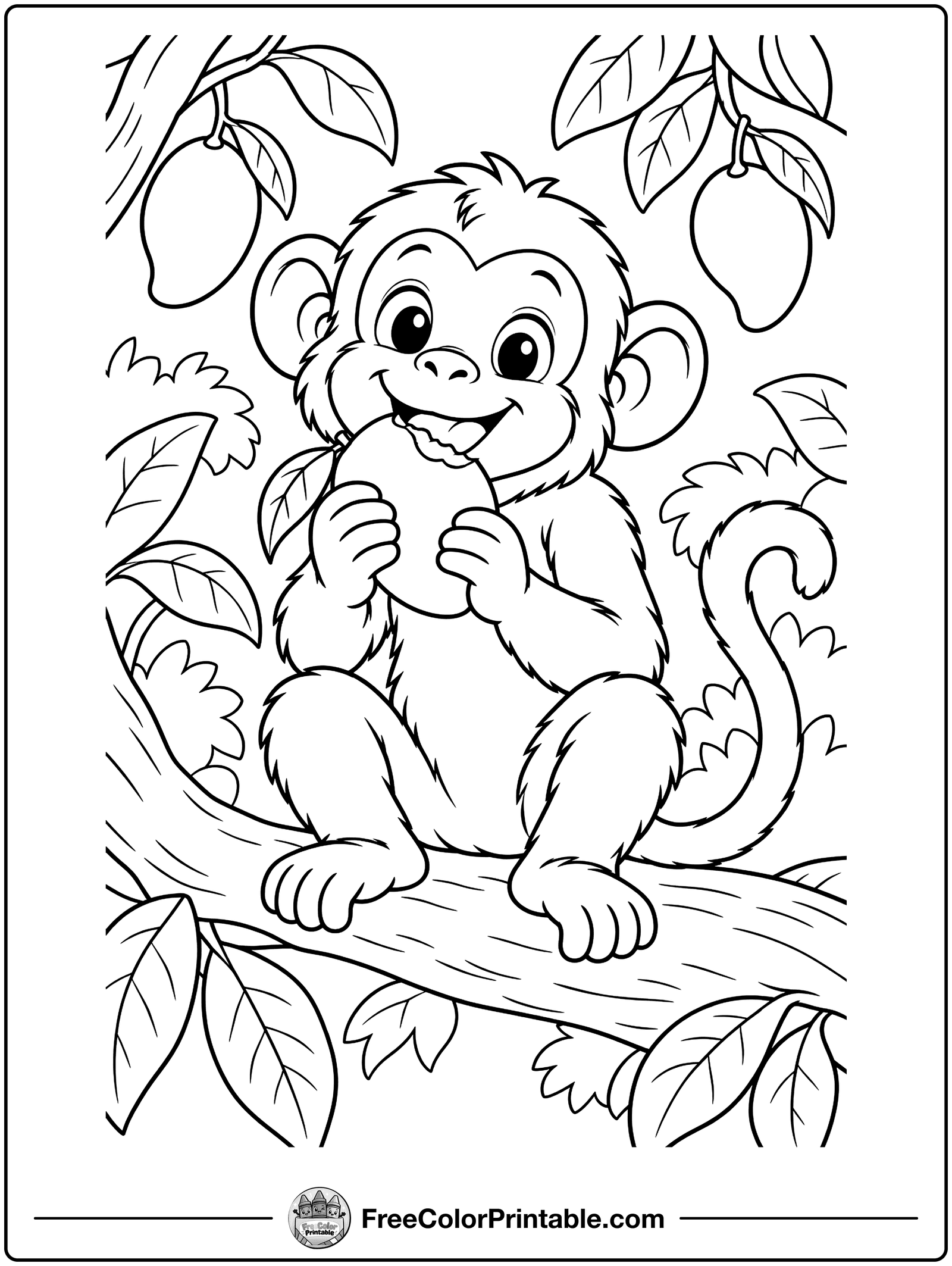 Chimpanzee Eating a Mango Coloring Page — free color printable