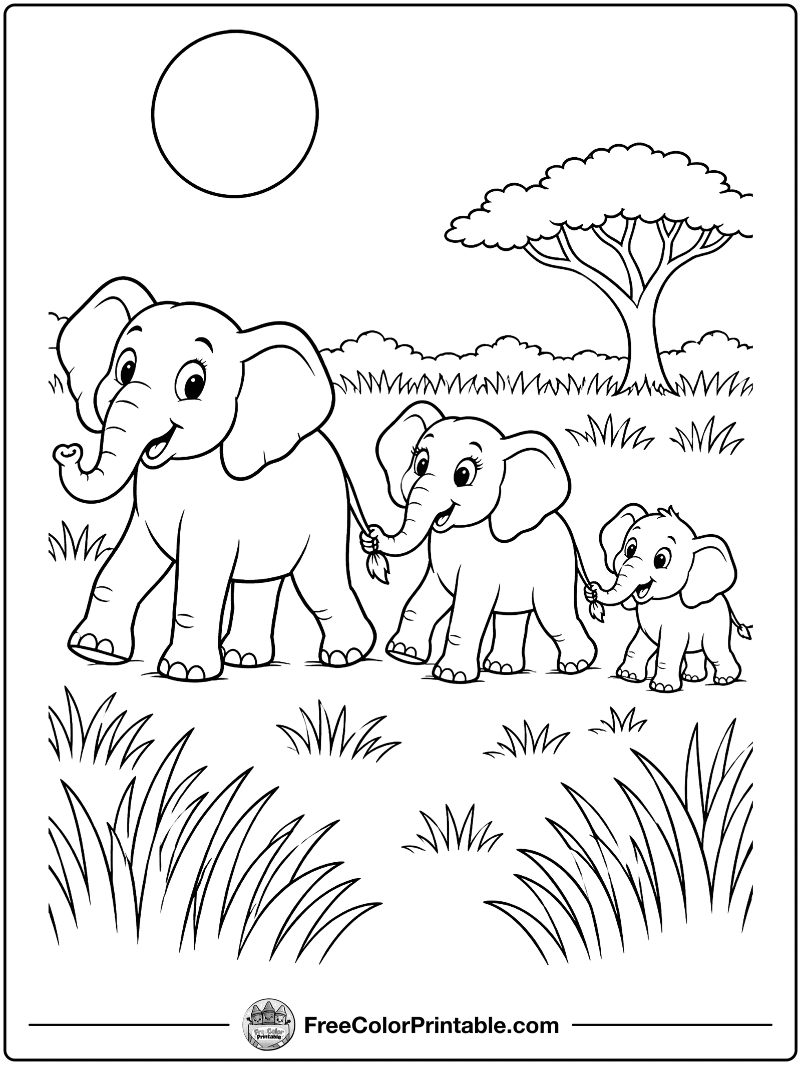 Elephant Family Walking in a Line Coloring Page — free color printable