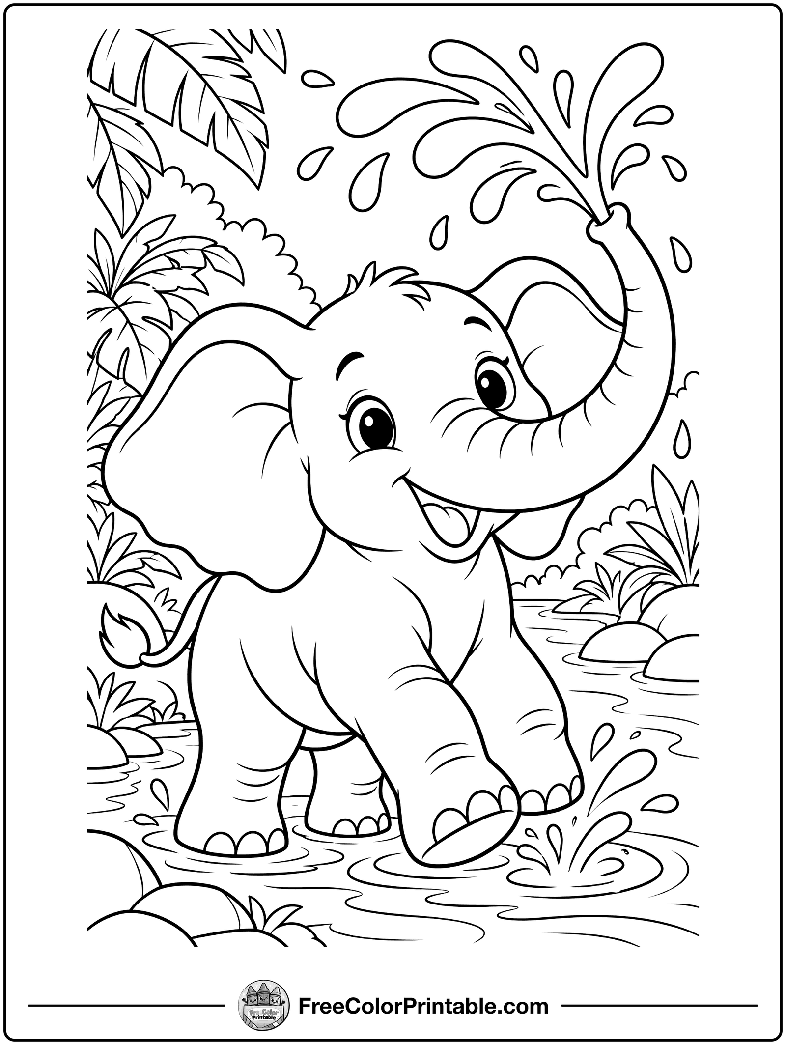 Baby Elephant Spraying Water Coloring Page — free color printable
