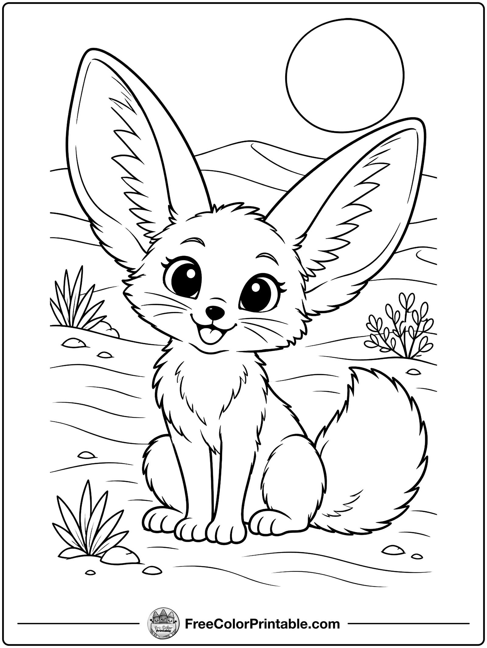 Fennec Fox on a Sand Dune Coloring Page — free color printable