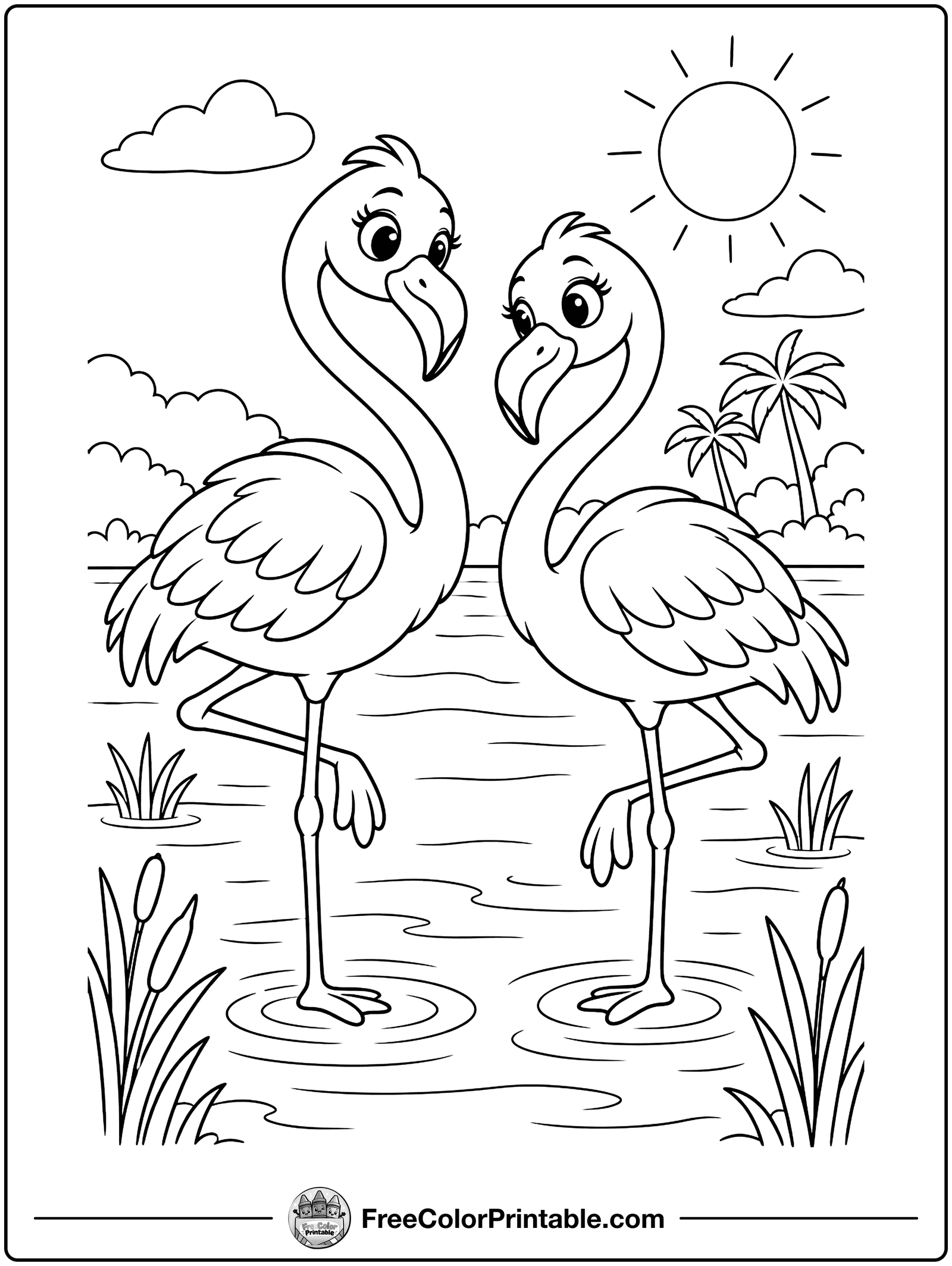 Flamingos in the Lagoon Coloring Page — free color printable