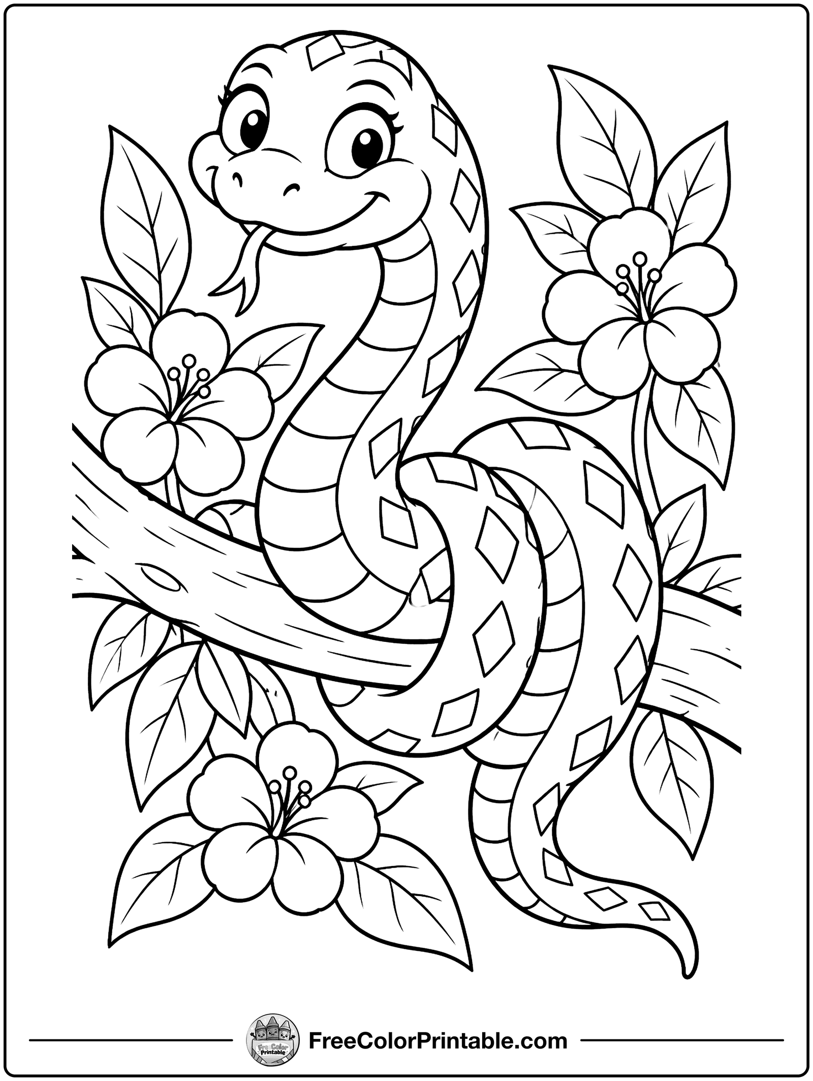 Friendly Snake on a Branch Coloring Page — free color printable