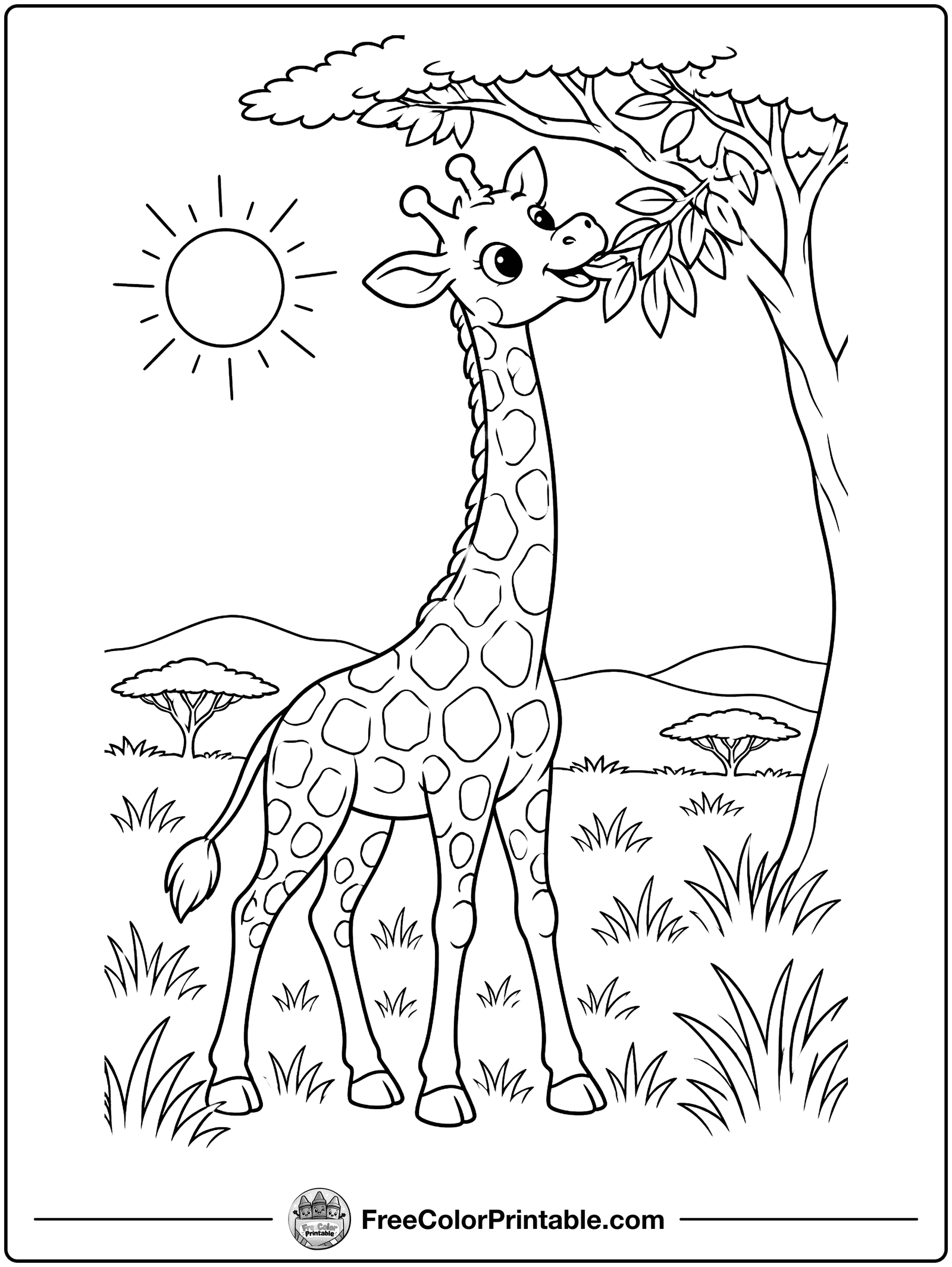 Giraffe Eating Leaves Coloring Page — free color printable