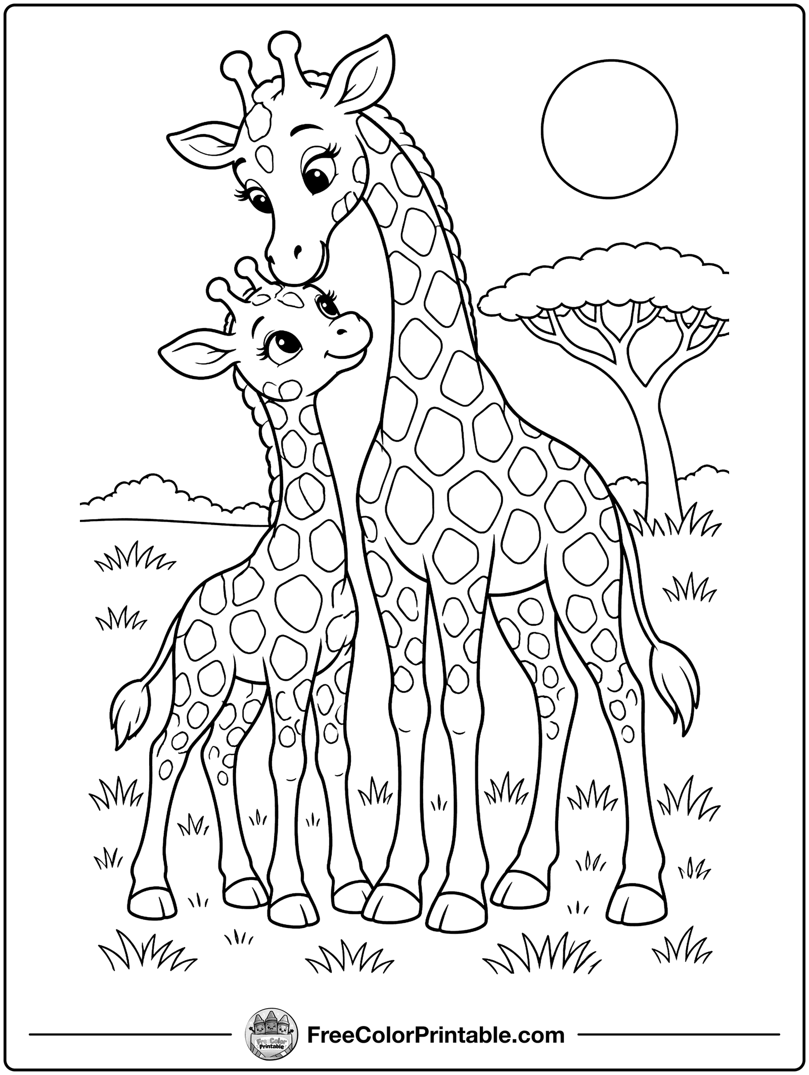Giraffe Mom and Baby Coloring Page — free color printable