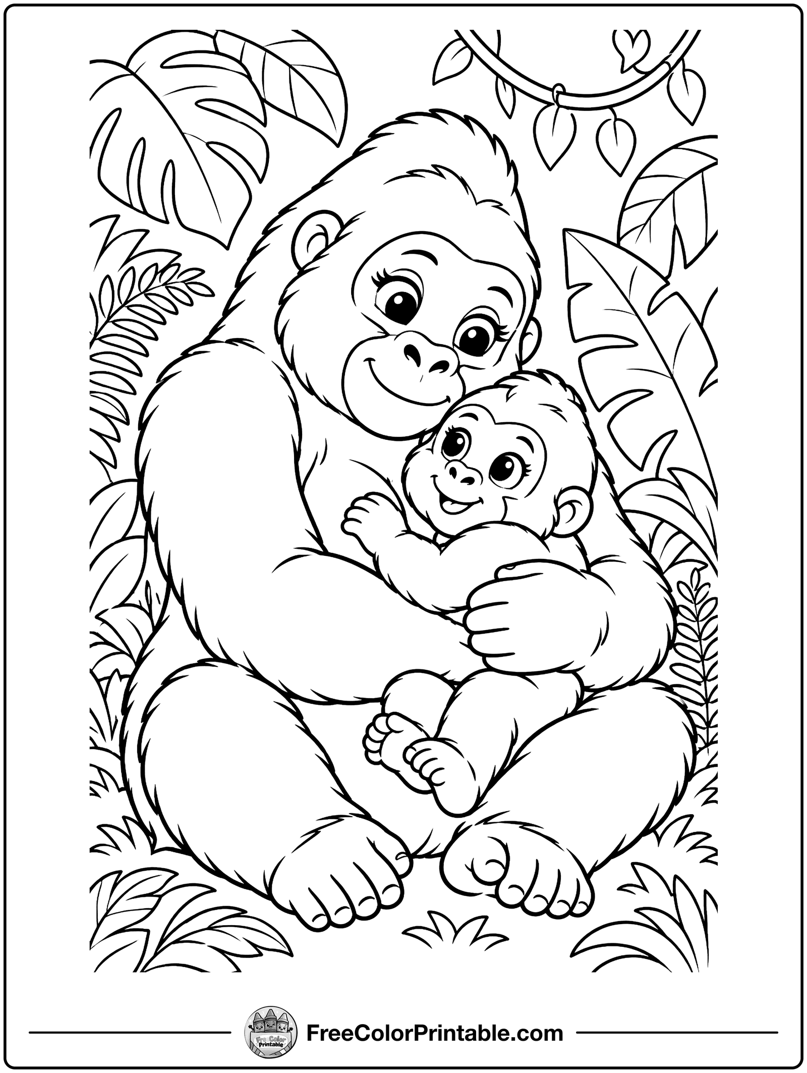 Gorilla Mom and Baby Coloring Page — free color printable