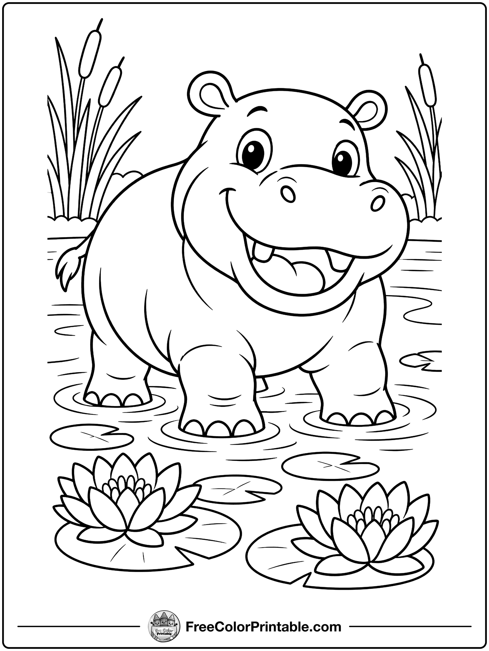 Happy Hippo in the River Coloring Page — free color printable