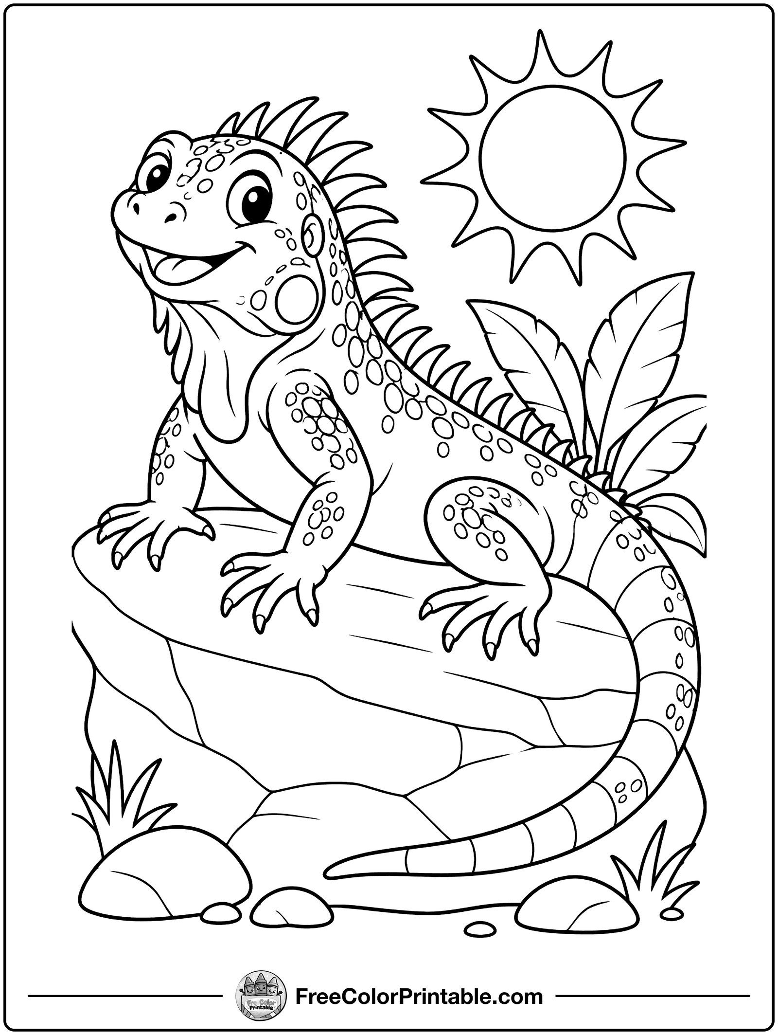 Iguana Sunbathing on a Rock Coloring Page — free color printable