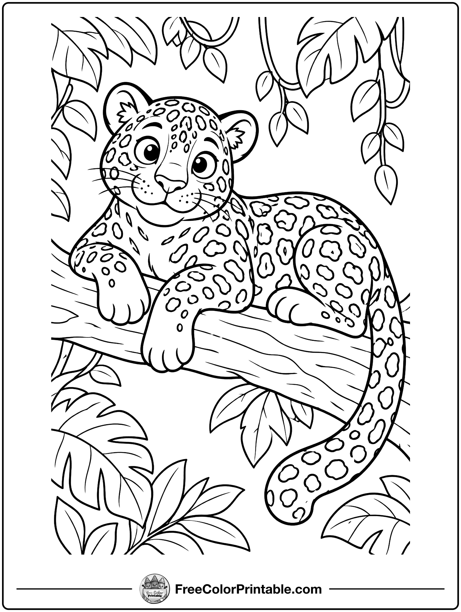 Jaguar Lounging on a Branch Coloring Page — free color printable
