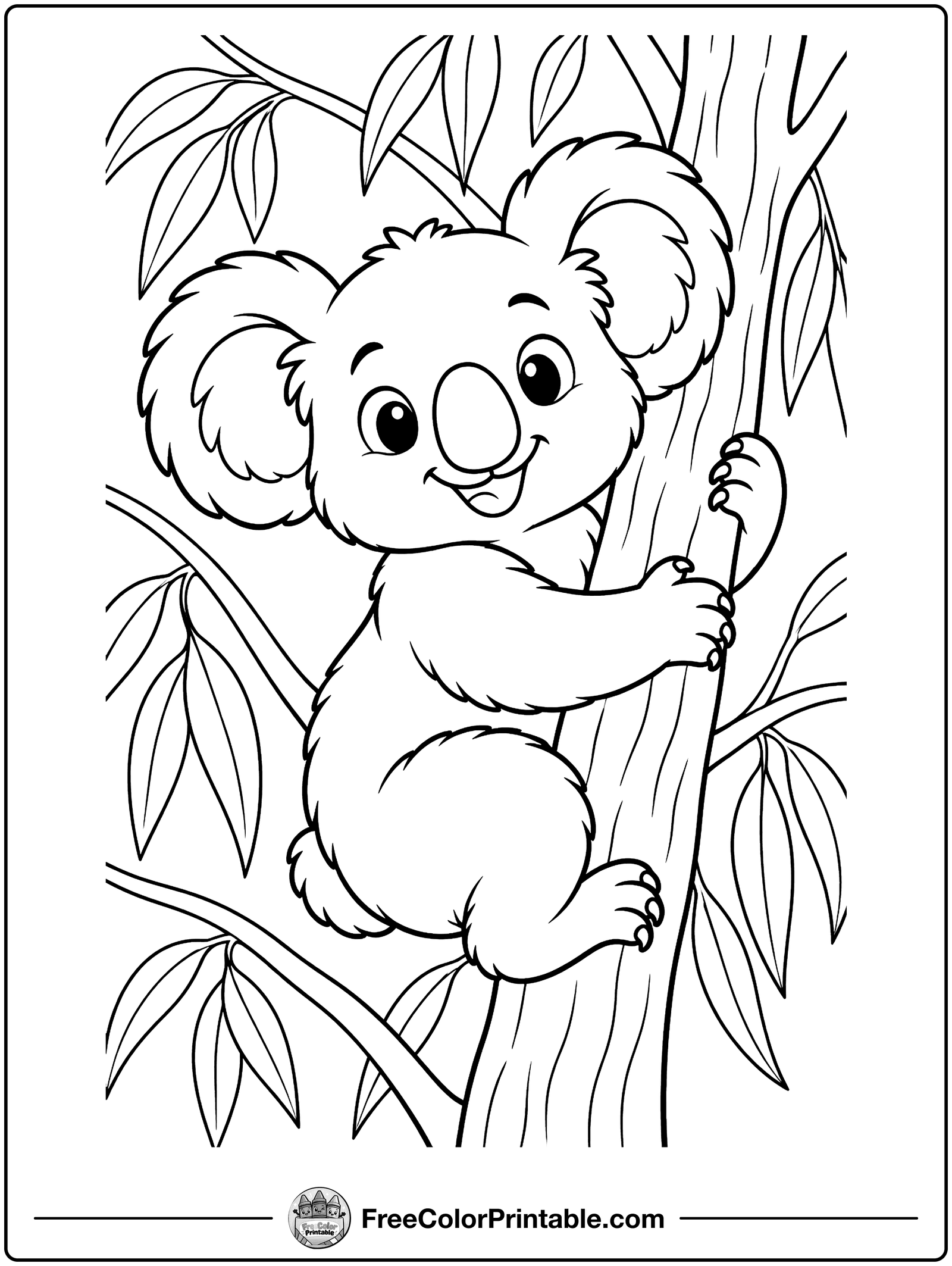 Koala Hugging a Tree Coloring Page — free color printable from FreeColorPrintable