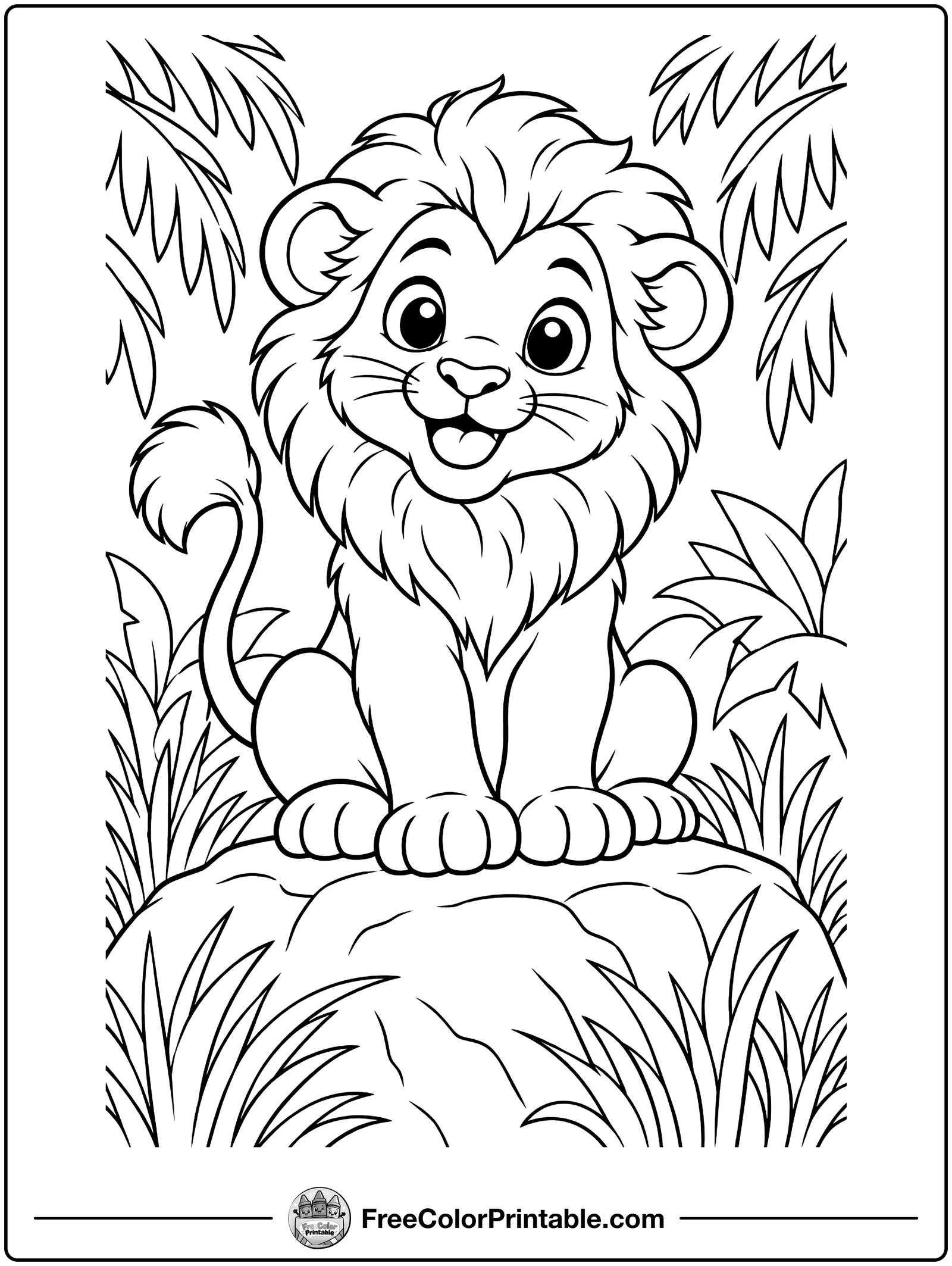 Lion Cub on a Rock Coloring Page — free color printable