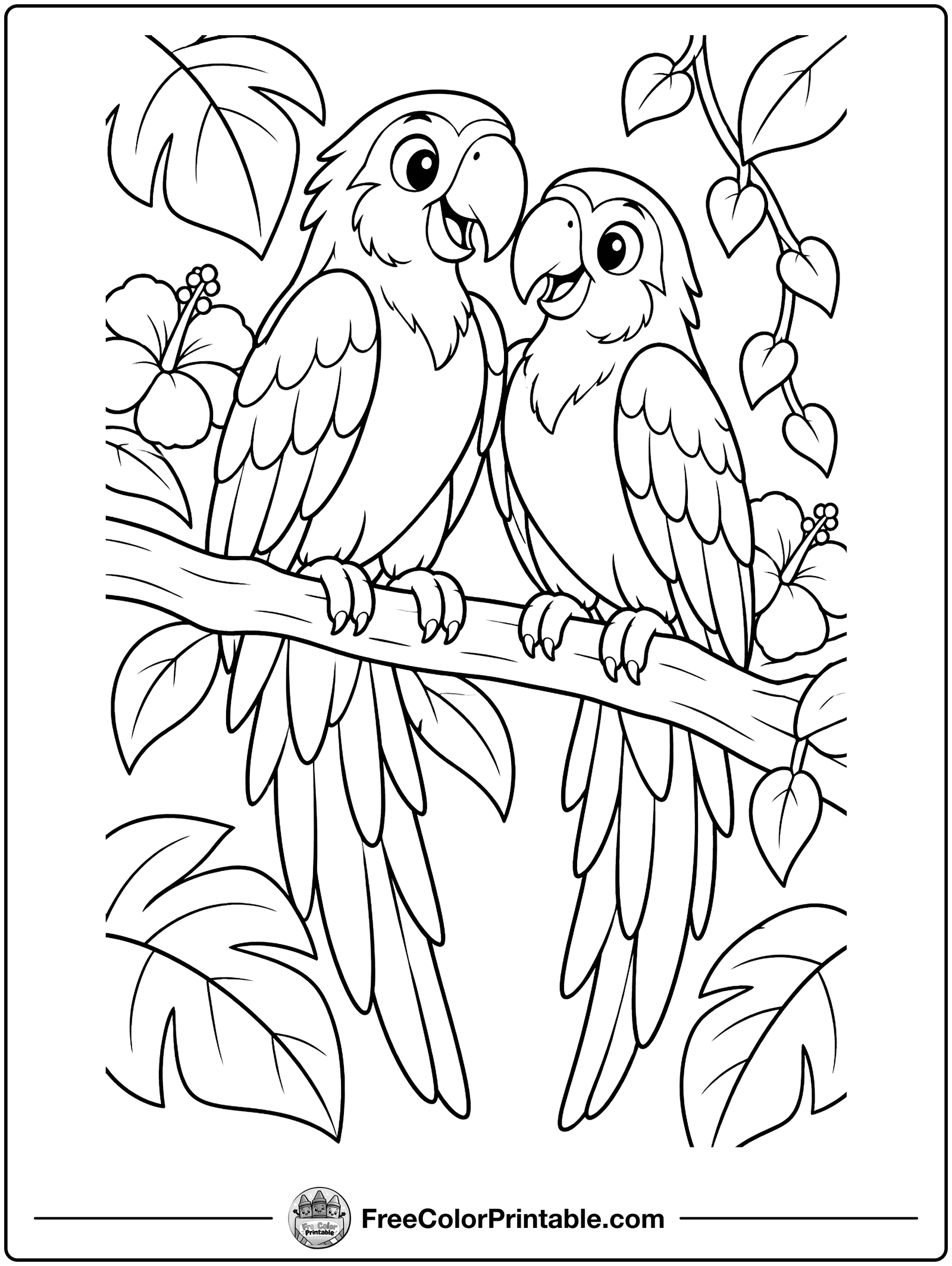 Two Macaws in the Rainforest Coloring Page — free color printable