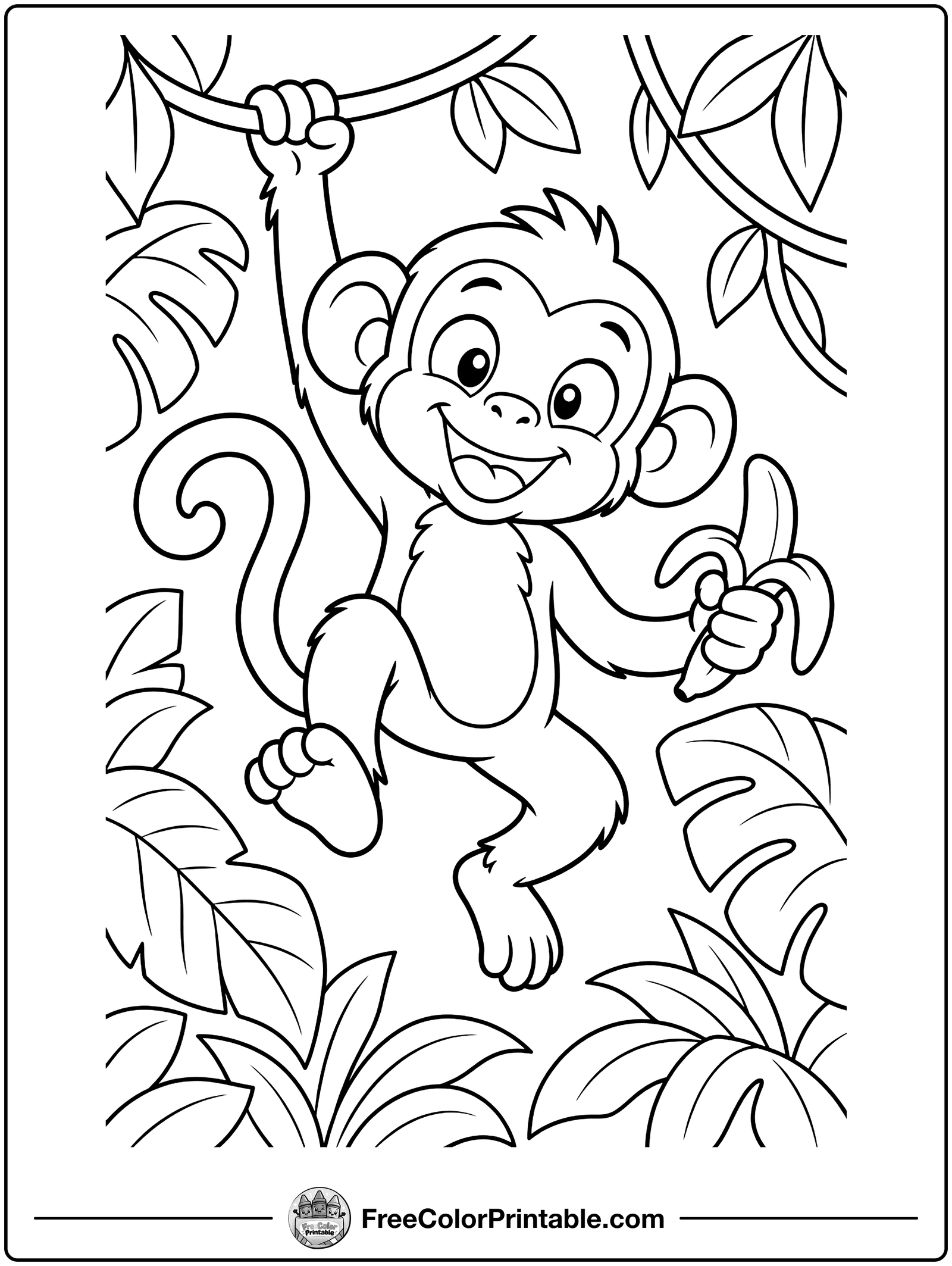 Monkey Swinging on a Vine Coloring Page — free color printable