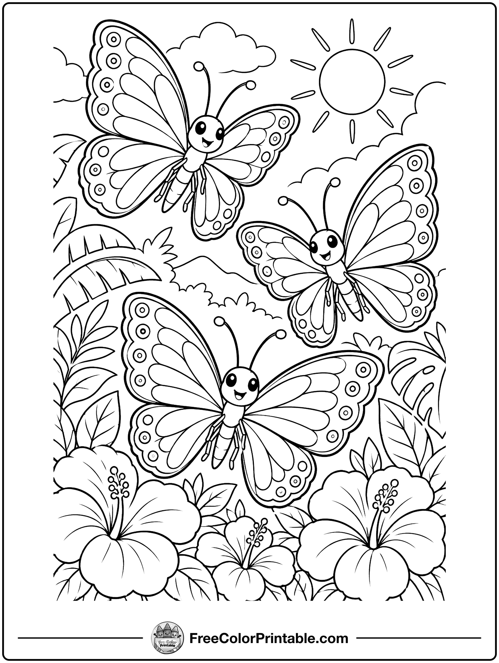 Morpho Butterflies and Flowers Coloring Page — free color printable
