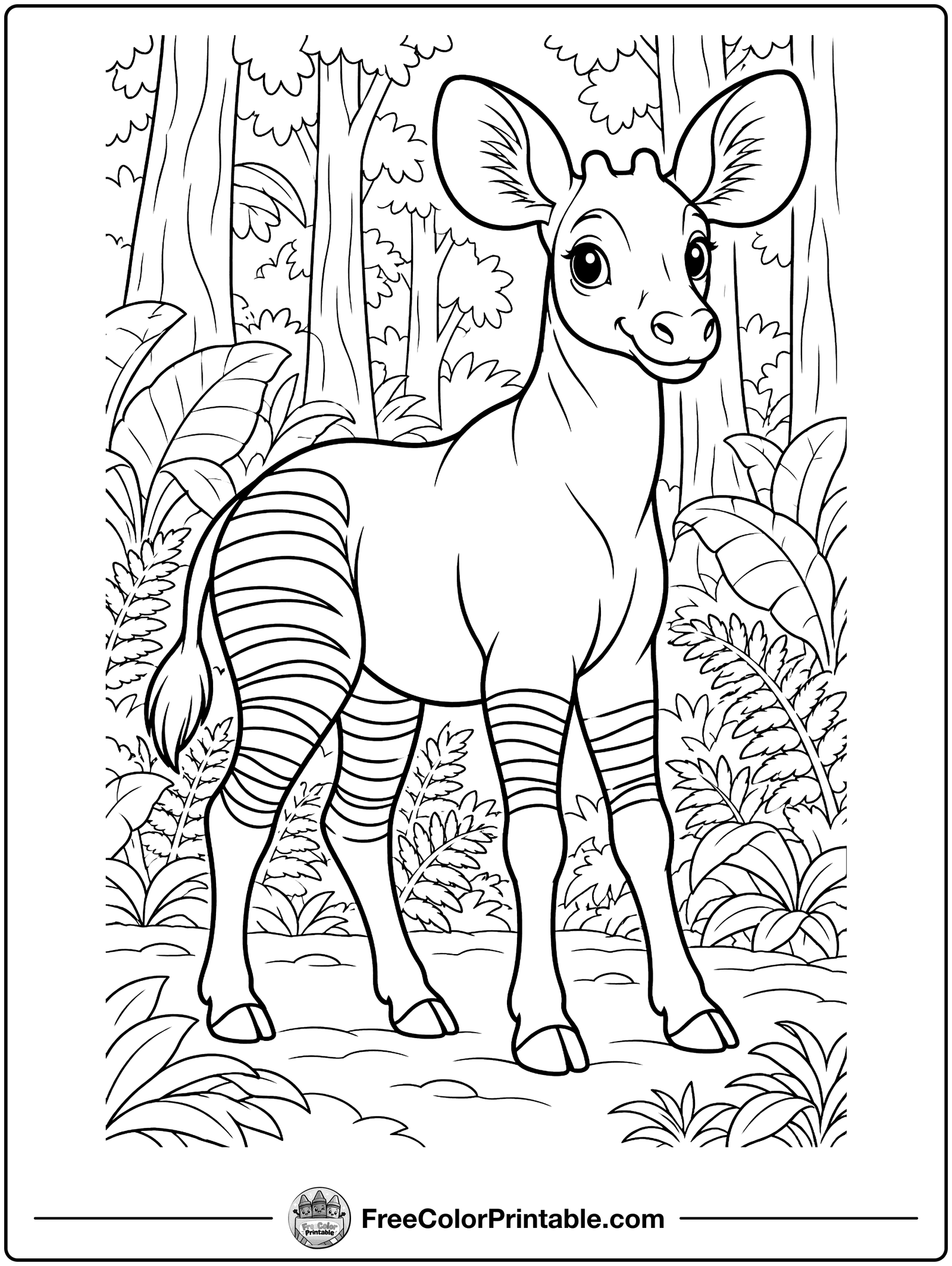 Okapi in the Forest Coloring Page — free color printable