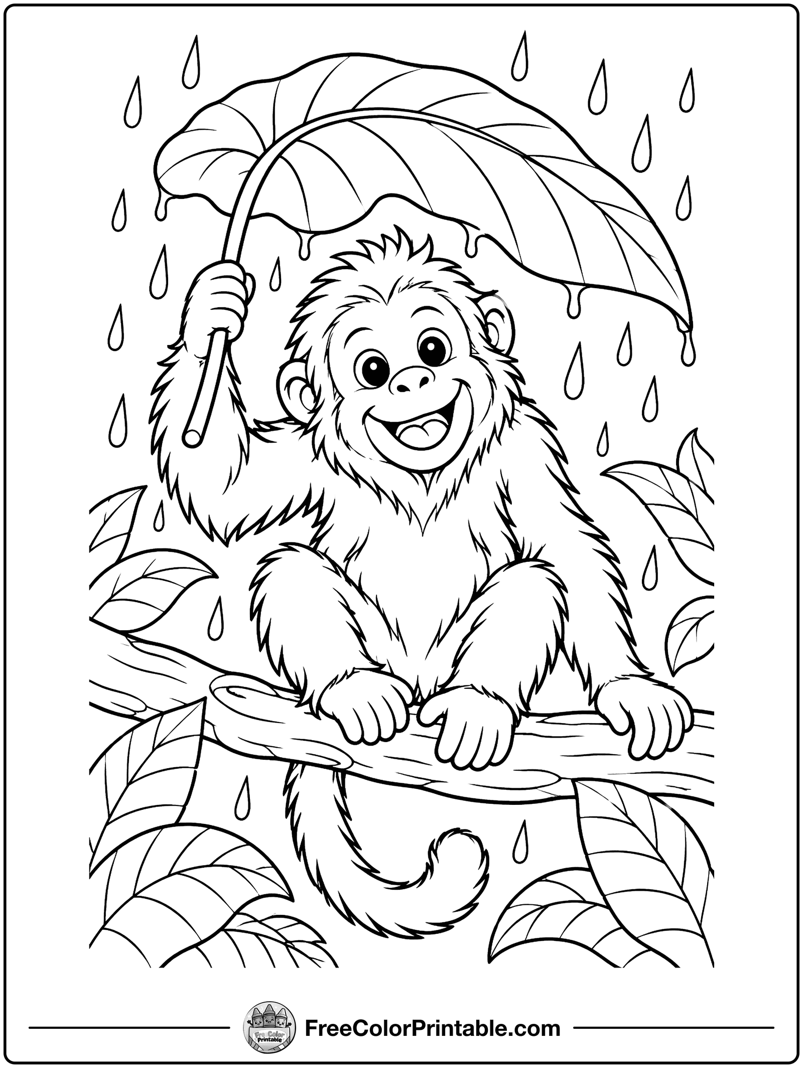 Orangutan with a Leaf Umbrella Coloring Page — free color printable